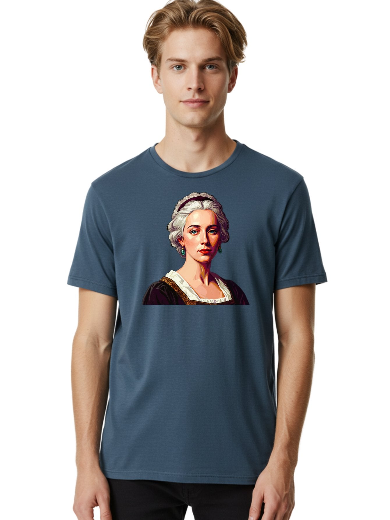 Elizabeth-Cady-Stanton Men'S Graphic Tee, 100% Cotton, Comfortable Casual Summer Wear, Machine Washable, Woman With White Hair, Blue Eyes, Red Lips, Elegant Earrings, Vintage Clothing, Gold Trim, Historical Figure, Feminine Style, Bad077 19