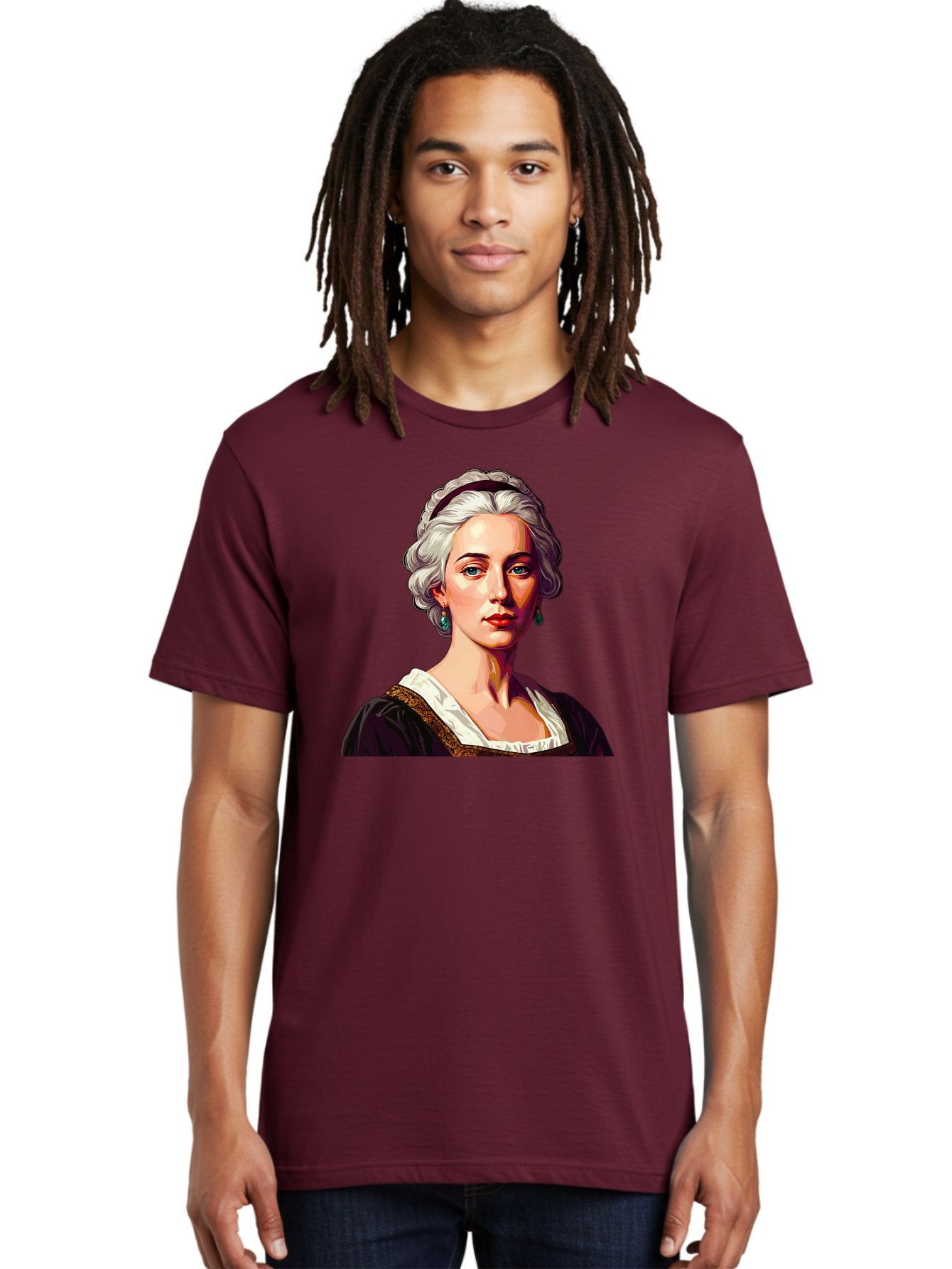 Elizabeth-Cady-Stanton Men'S Graphic Tee, 100% Cotton, Comfortable Casual Summer Wear, Machine Washable, Woman With White Hair, Blue Eyes, Red Lips, Elegant Earrings, Vintage Clothing, Gold Trim, Historical Figure, Feminine Style, Bad077 26
