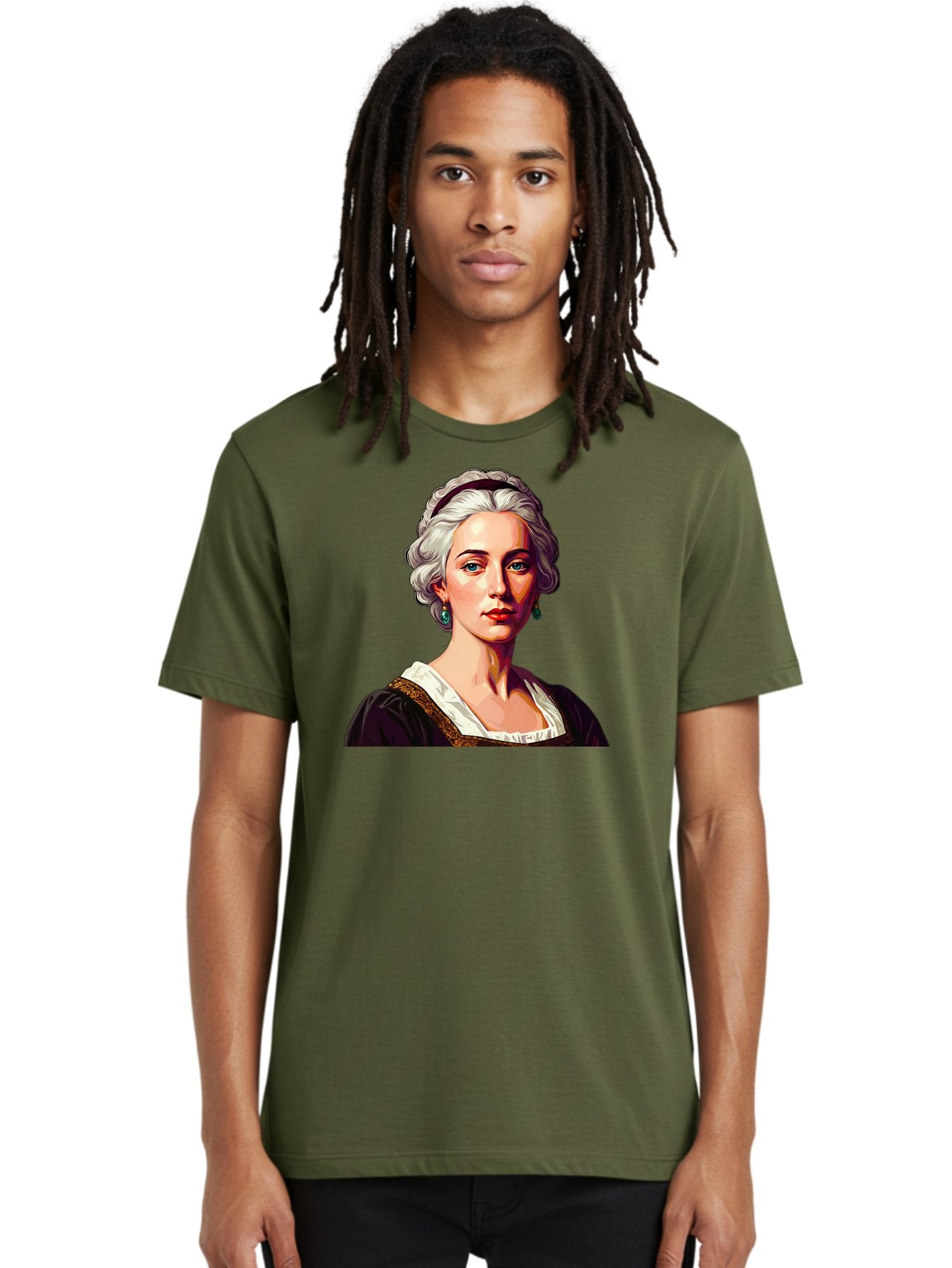 Elizabeth-Cady-Stanton Men'S Graphic Tee, 100% Cotton, Comfortable Casual Summer Wear, Machine Washable, Woman With White Hair, Blue Eyes, Red Lips, Elegant Earrings, Vintage Clothing, Gold Trim, Historical Figure, Feminine Style, Bad077 27