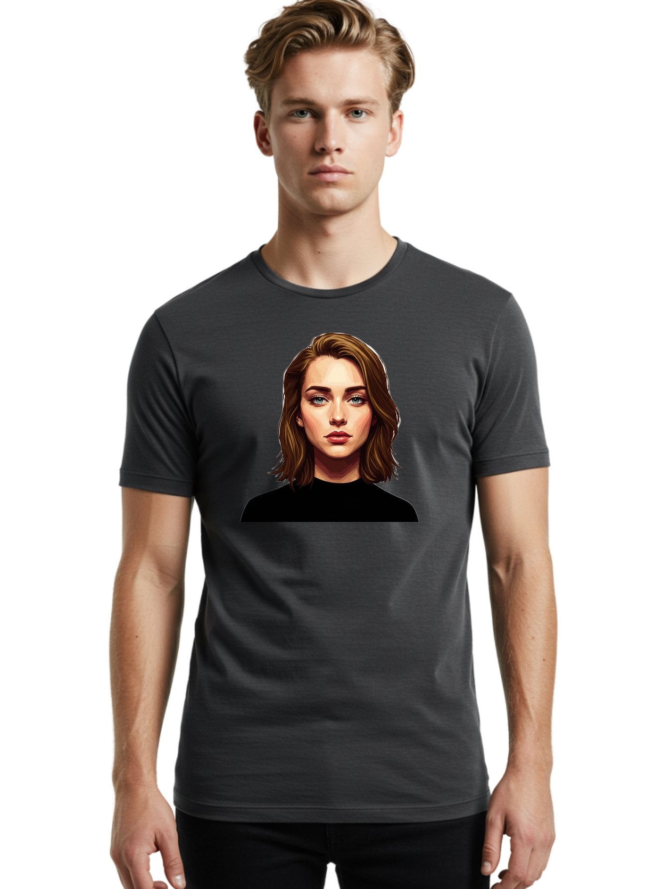 Emma-Stone Men'S Graphic Tee, 100% Cotton, Comfortable Casual Summer Wear, Machine Washable, Cartoon-Style Portrait, Emma Stone, Blue Eyes, Brown Hair, Black Shirt, Realistic Illustration, Digital Art, Female Celebrity Bad078 16