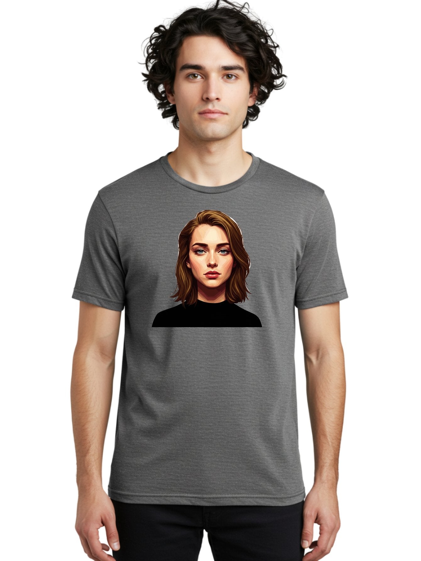 Emma-Stone Men'S Graphic Tee, 100% Cotton, Comfortable Casual Summer Wear, Machine Washable, Cartoon-Style Portrait, Emma Stone, Blue Eyes, Brown Hair, Black Shirt, Realistic Illustration, Digital Art, Female Celebrity Bad078 26
