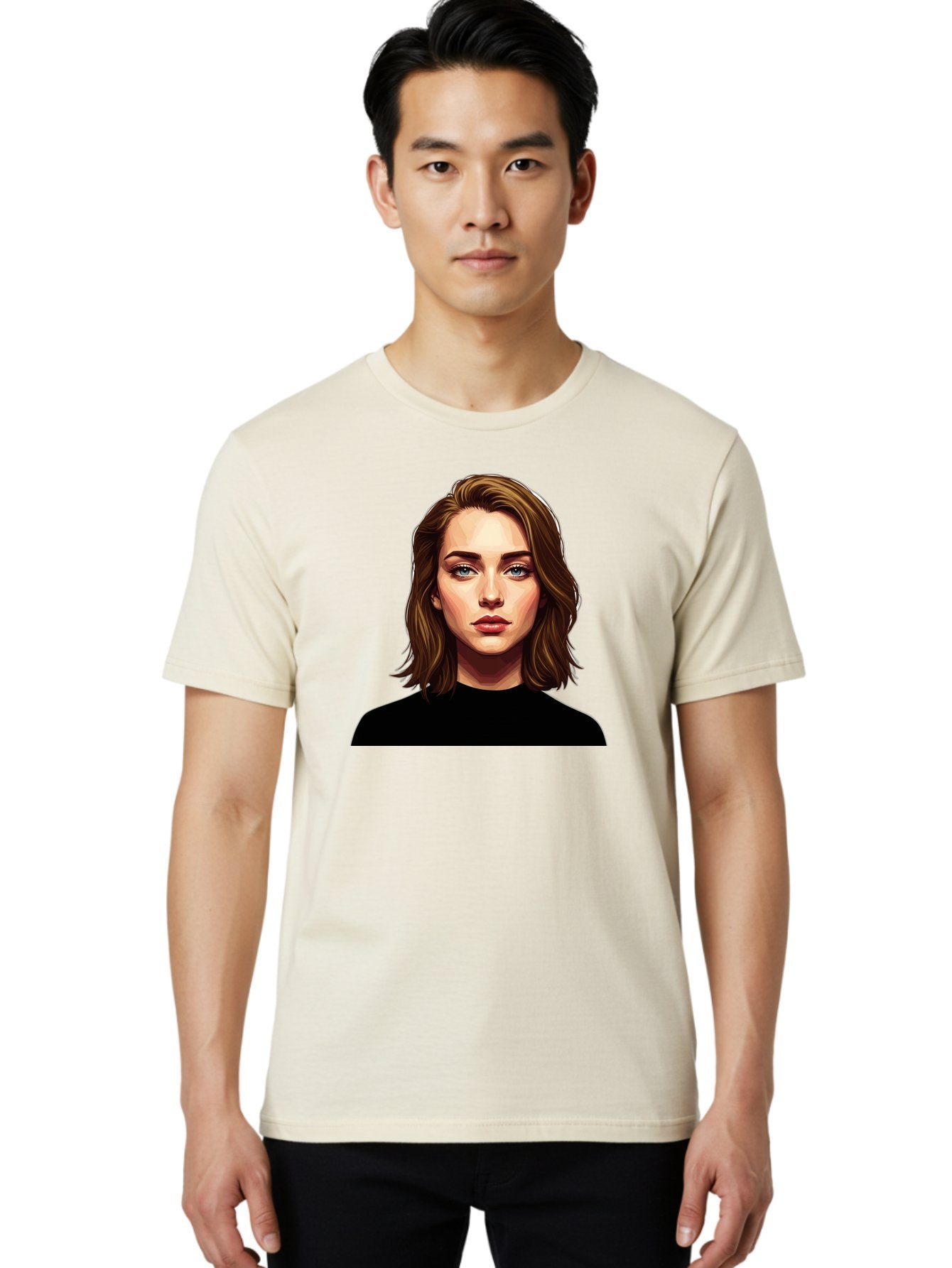 Emma-Stone Men'S Graphic Tee, 100% Cotton, Comfortable Casual Summer Wear, Machine Washable, Cartoon-Style Portrait, Emma Stone, Blue Eyes, Brown Hair, Black Shirt, Realistic Illustration, Digital Art, Female Celebrity Bad078 23