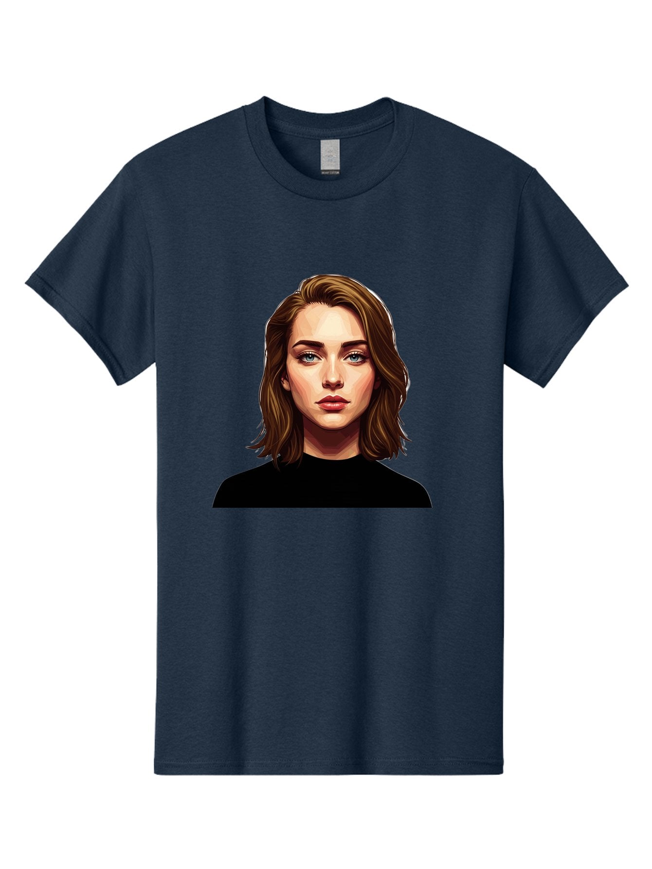 Emma-Stone Men'S Graphic Tee, 100% Cotton, Comfortable Casual Summer Wear, Machine Washable, Cartoon-Style Portrait, Emma Stone, Blue Eyes, Brown Hair, Black Shirt, Realistic Illustration, Digital Art, Female Celebrity Bad078