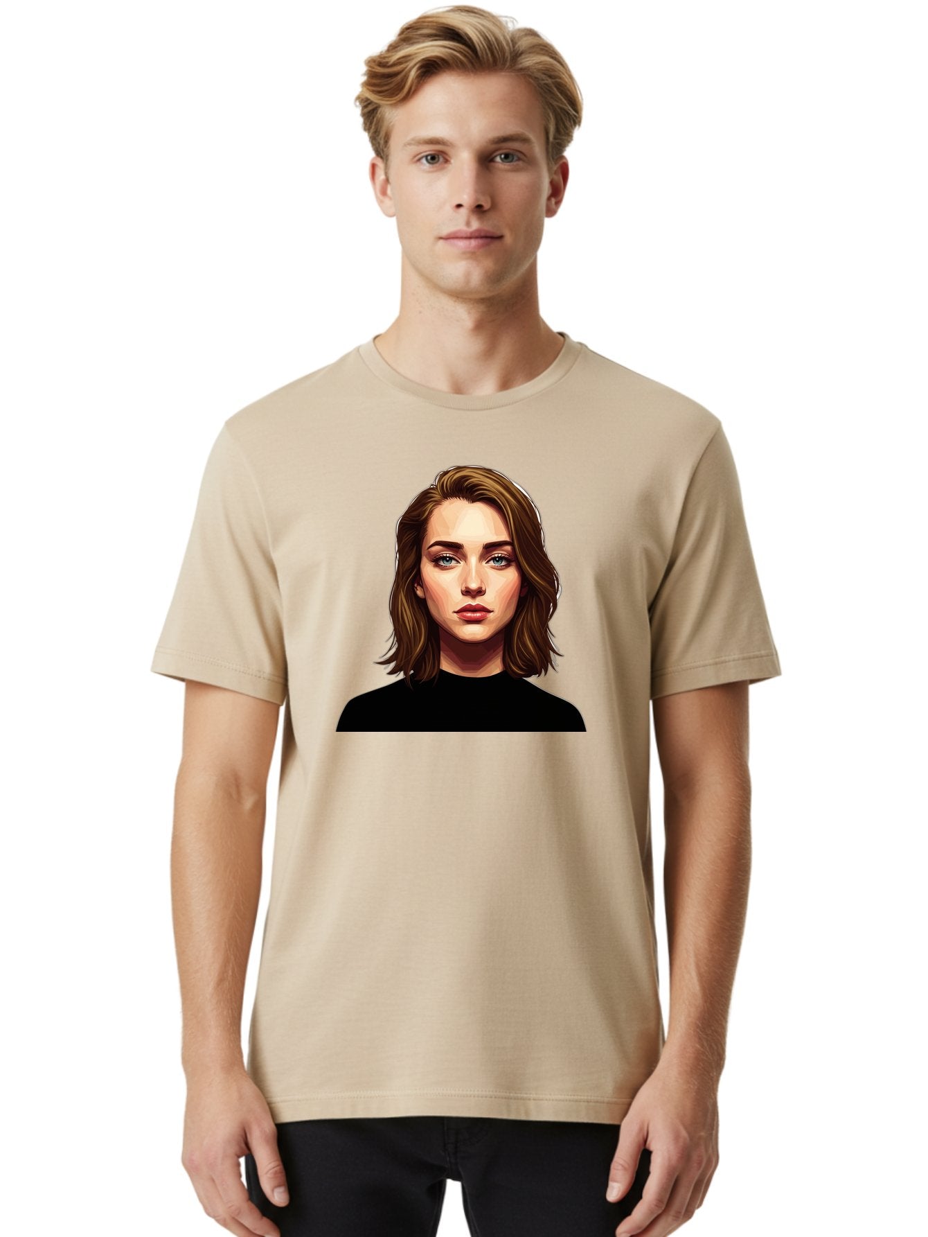 Emma-Stone Men'S Graphic Tee, 100% Cotton, Comfortable Casual Summer Wear, Machine Washable, Cartoon-Style Portrait, Emma Stone, Blue Eyes, Brown Hair, Black Shirt, Realistic Illustration, Digital Art, Female Celebrity Bad078 22