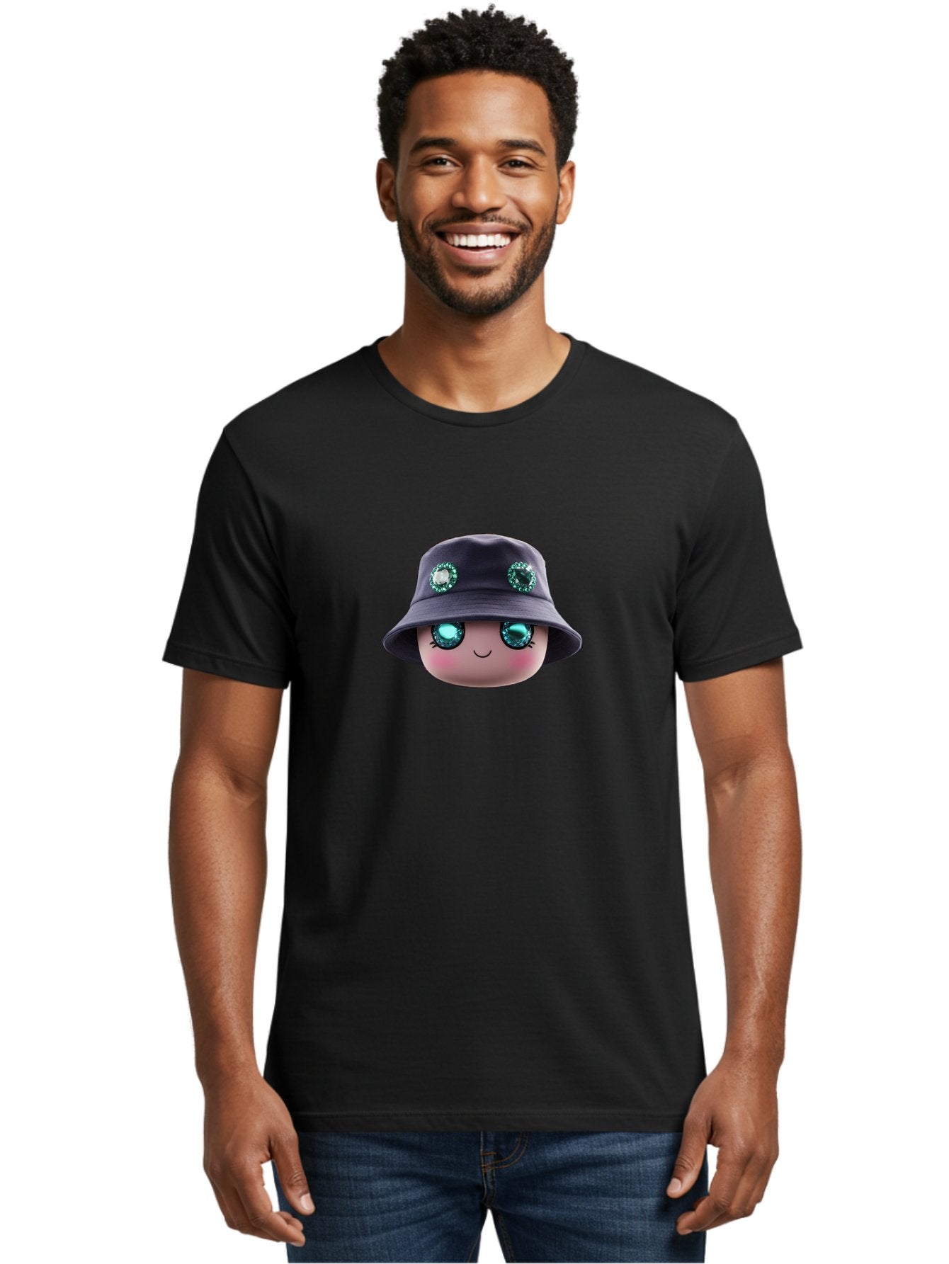 Emoji-Hat Men'S Graphic Tee, 100% Cotton, Comfortable Casual Summer Wear, Machine Washable, Cartoon Doll, Blue Eyes, Gem Eyes, Bucket Hat, Rhinestone Decorations, Cute Face, Sweet Smile, Rosy Cheeks, Whimsical Character, 3D Illustration Bad079 29