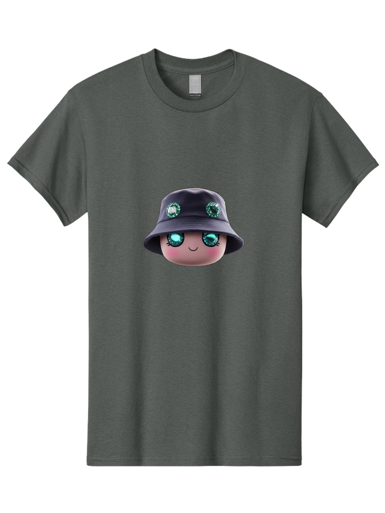 Emoji-Hat Men'S Graphic Tee, 100% Cotton, Comfortable Casual Summer Wear, Machine Washable, Cartoon Doll, Blue Eyes, Gem Eyes, Bucket Hat, Rhinestone Decorations, Cute Face, Sweet Smile, Rosy Cheeks, Whimsical Character, 3D Illustration Bad079 3
