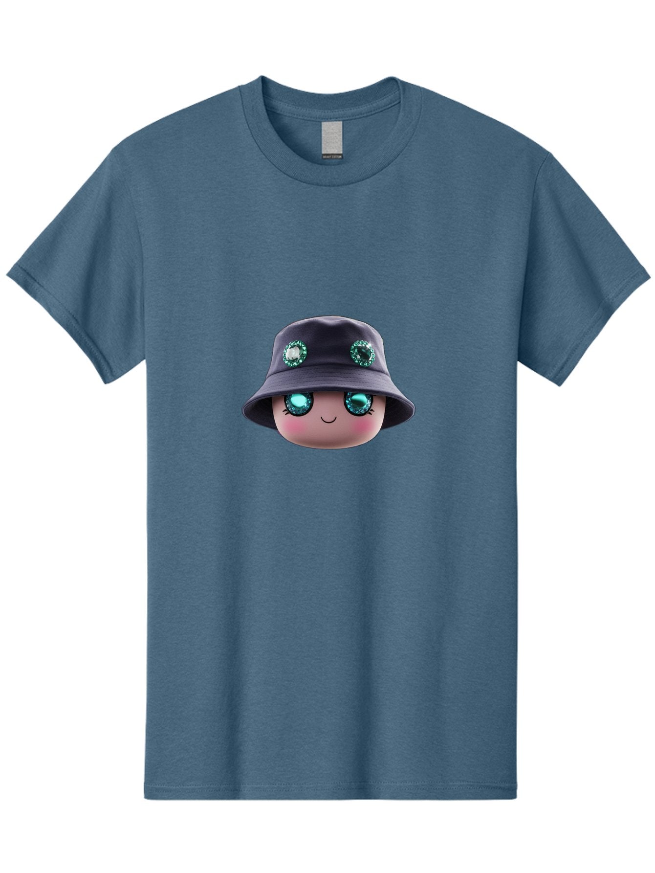 Emoji-Hat Men'S Graphic Tee, 100% Cotton, Comfortable Casual Summer Wear, Machine Washable, Cartoon Doll, Blue Eyes, Gem Eyes, Bucket Hat, Rhinestone Decorations, Cute Face, Sweet Smile, Rosy Cheeks, Whimsical Character, 3D Illustration Bad079 11