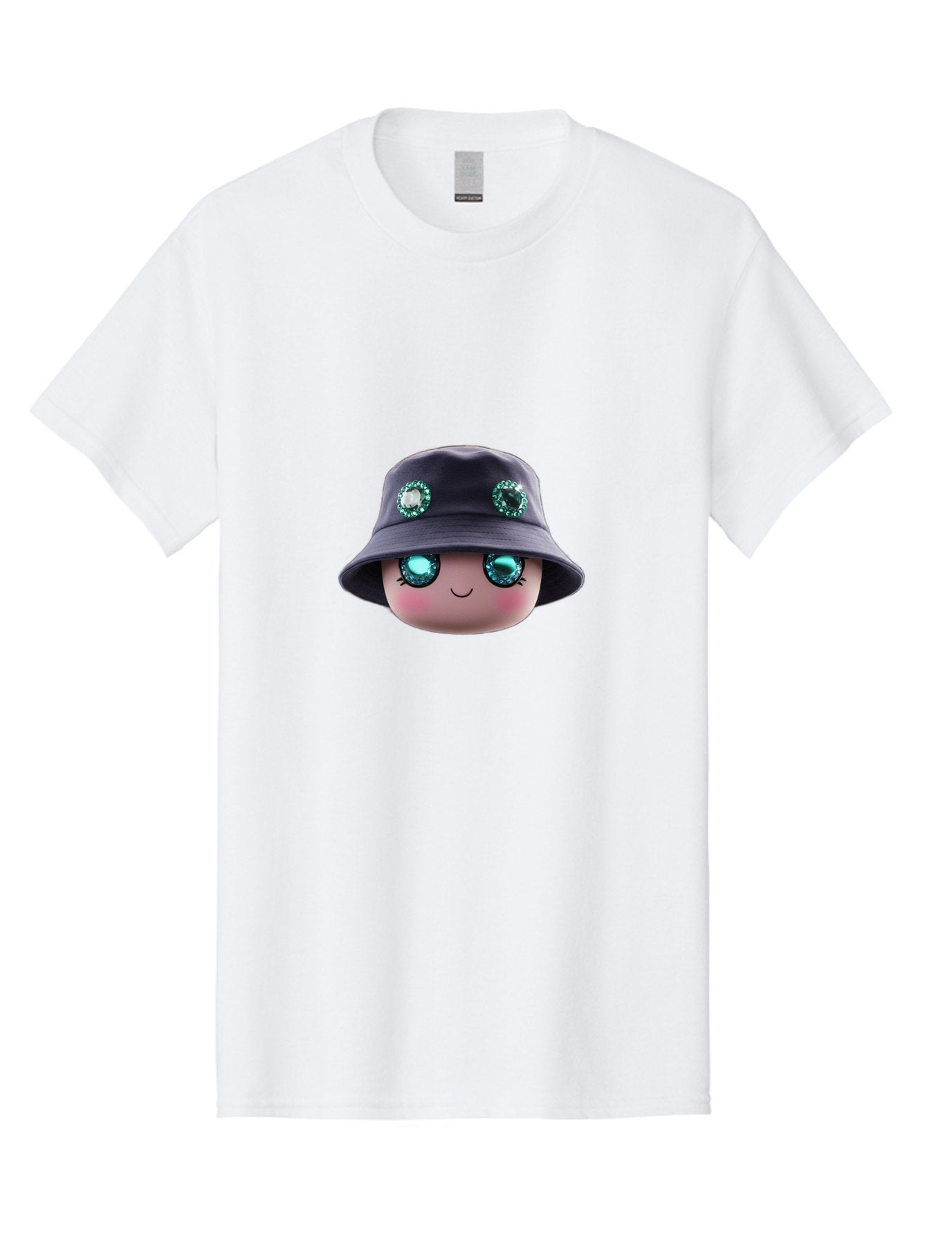 Emoji-Hat Men'S Graphic Tee, 100% Cotton, Comfortable Casual Summer Wear, Machine Washable, Cartoon Doll, Blue Eyes, Gem Eyes, Bucket Hat, Rhinestone Decorations, Cute Face, Sweet Smile, Rosy Cheeks, Whimsical Character, 3D Illustration Bad079 13
