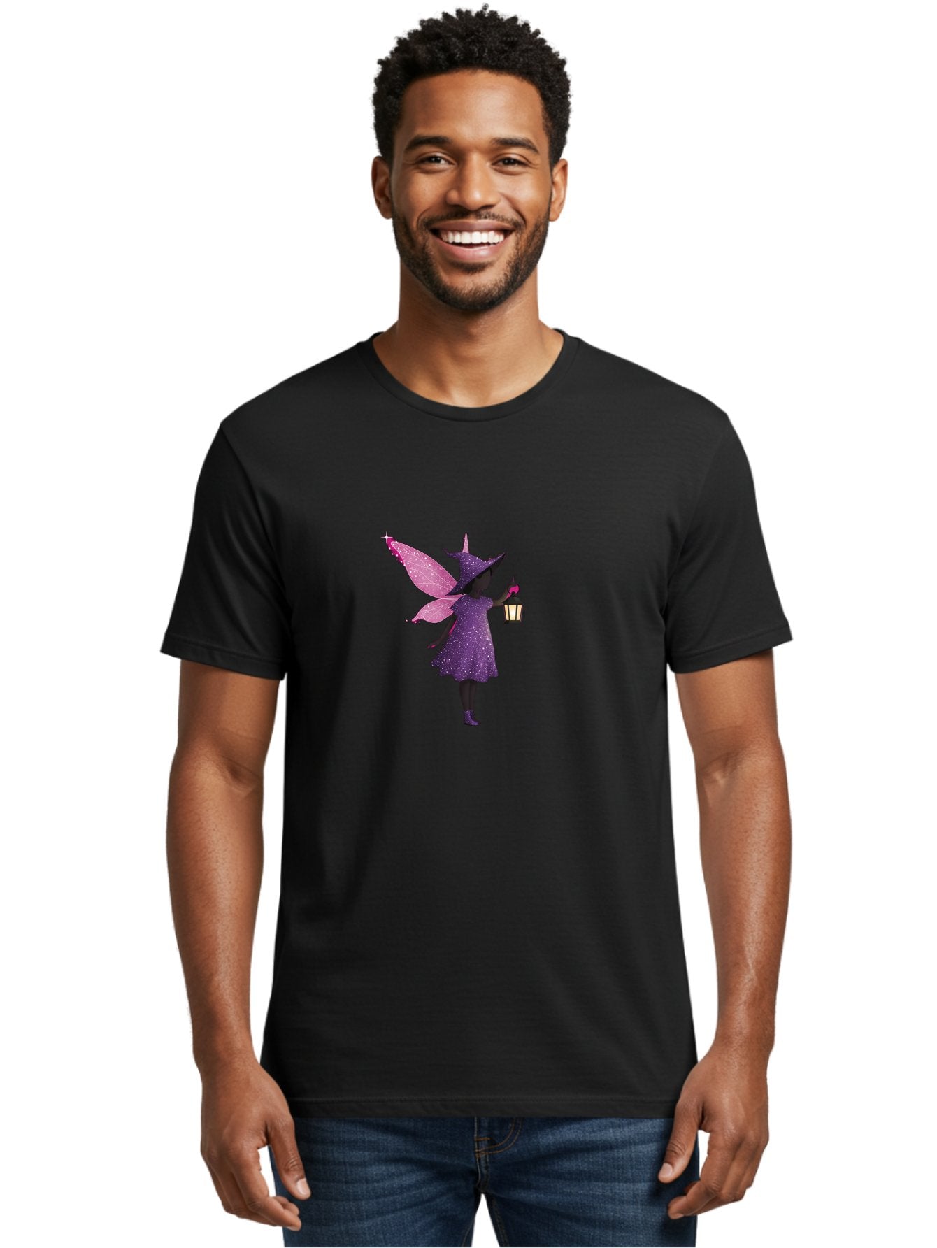 Fairy-Witch Men'S Graphic Tee, 100% Cotton, Comfortable Casual Summer Wear, Machine Washable, Fairy With Lantern, Magical Creature, Fantasy Art, Whimsical Design, Mystical Being, Purple Dress, Pink Wings, Sparkly Details, Lantern In Hand Bad082 22