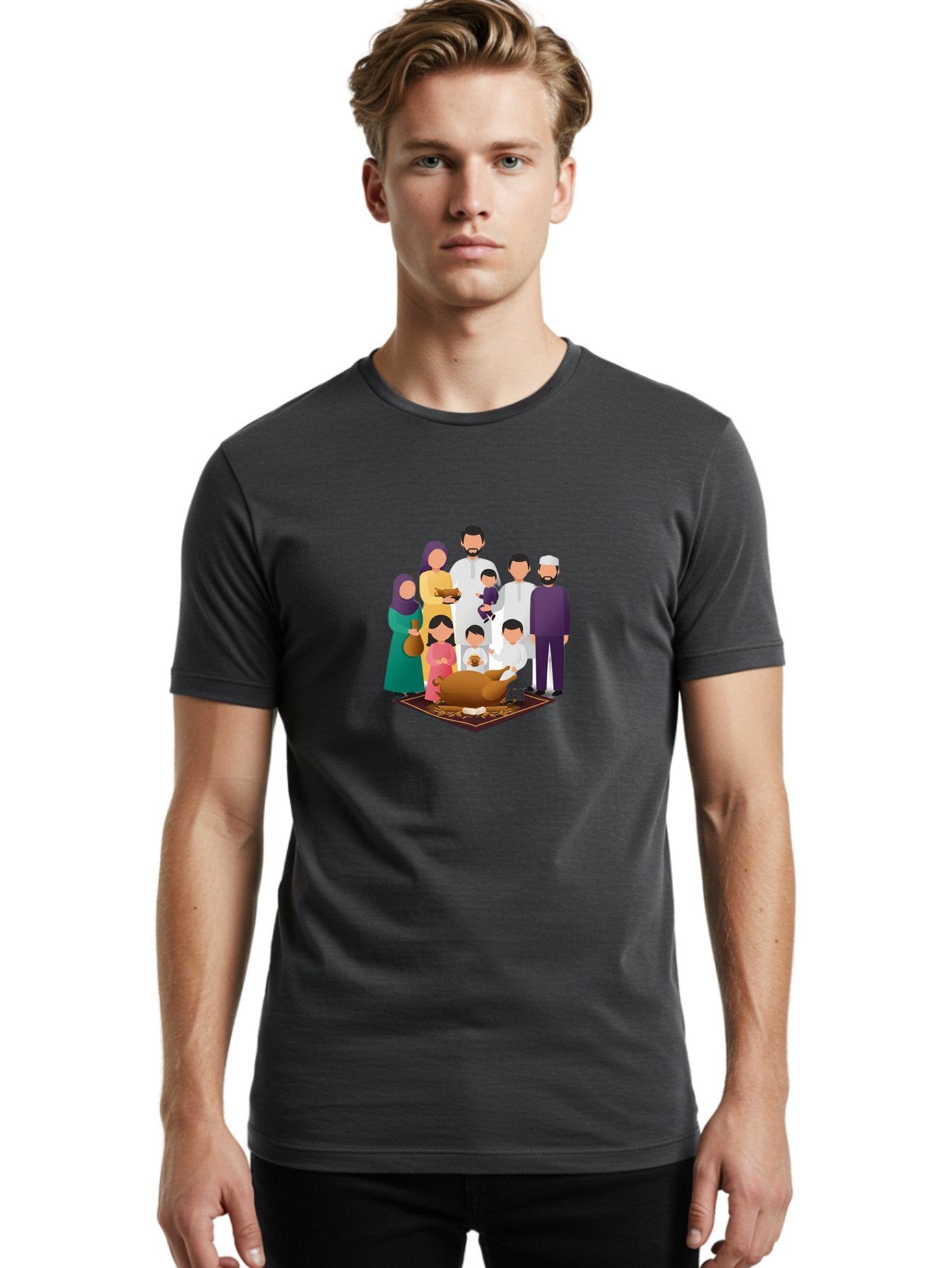 Family-Gathering-Around-Roasted-Lamb Men'S Graphic Tee, 100% Cotton, Comfortable Casual Summer Wear, Machine Washable, Family Gathering, Islamic Celebration, Eid Al-Adha, Traditional Clothing, Sacrificial Lamb, Joyful Moments, Family Bonding, Bad083 17