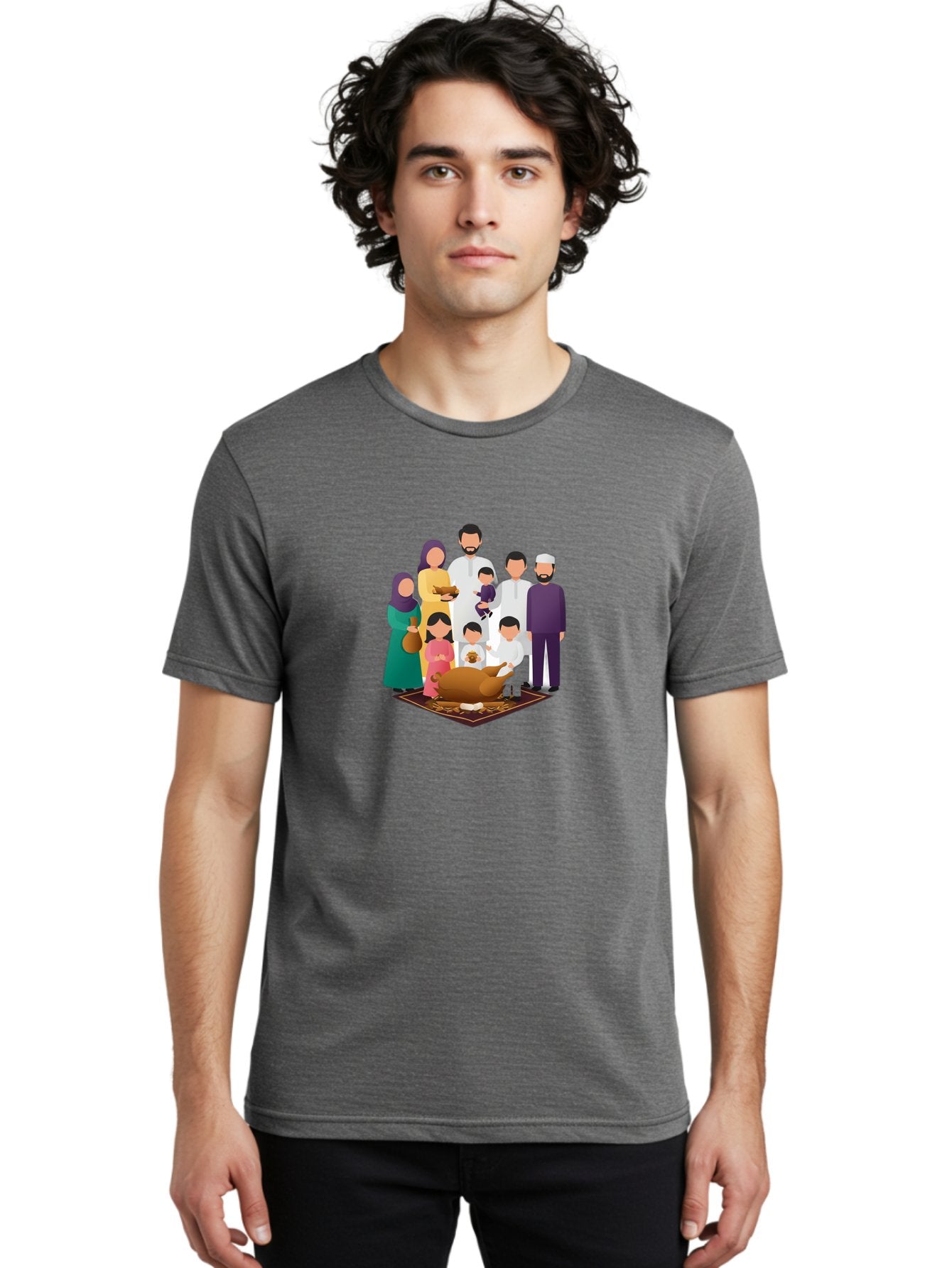 Family-Gathering-Around-Roasted-Lamb Men'S Graphic Tee, 100% Cotton, Comfortable Casual Summer Wear, Machine Washable, Family Gathering, Islamic Celebration, Eid Al-Adha, Traditional Clothing, Sacrificial Lamb, Joyful Moments, Family Bonding, Bad083 26