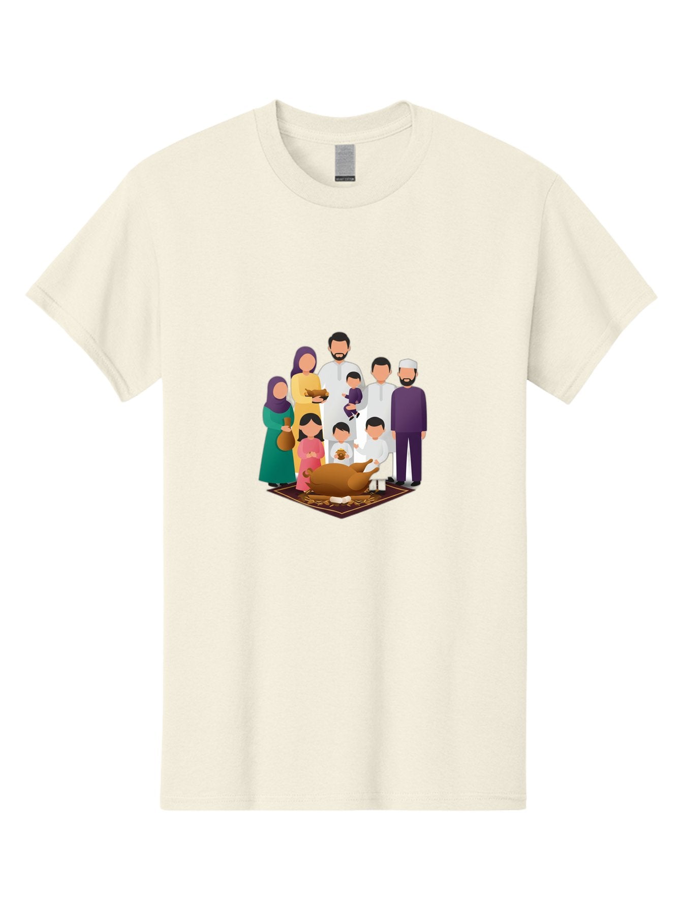 Family-Gathering-Around-Roasted-Lamb Men'S Graphic Tee, 100% Cotton, Comfortable Casual Summer Wear, Machine Washable, Family Gathering, Islamic Celebration, Eid Al-Adha, Traditional Clothing, Sacrificial Lamb, Joyful Moments, Family Bonding, Bad083 4