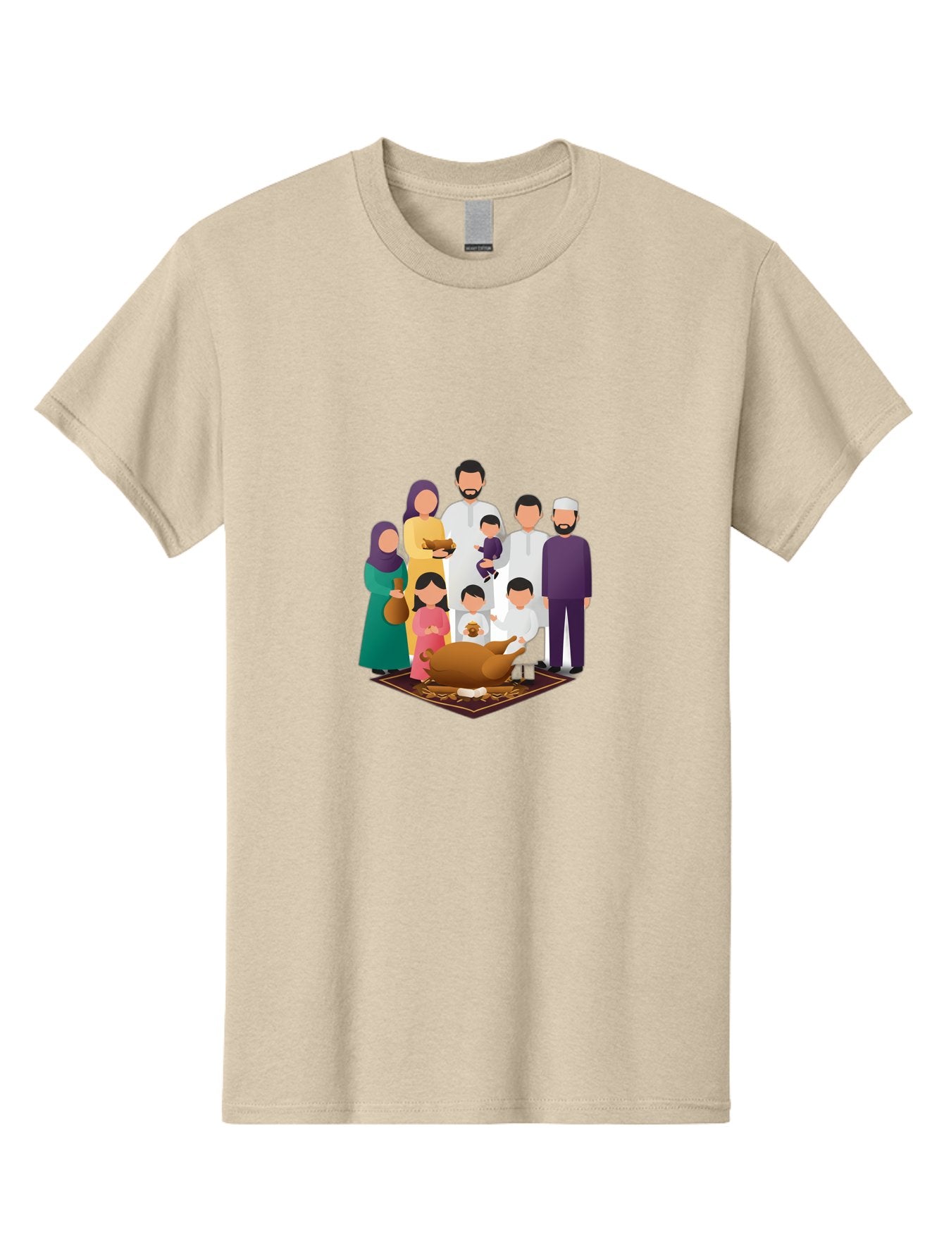 Family-Gathering-Around-Roasted-Lamb Men'S Graphic Tee, 100% Cotton, Comfortable Casual Summer Wear, Machine Washable, Family Gathering, Islamic Celebration, Eid Al-Adha, Traditional Clothing, Sacrificial Lamb, Joyful Moments, Family Bonding, Bad083