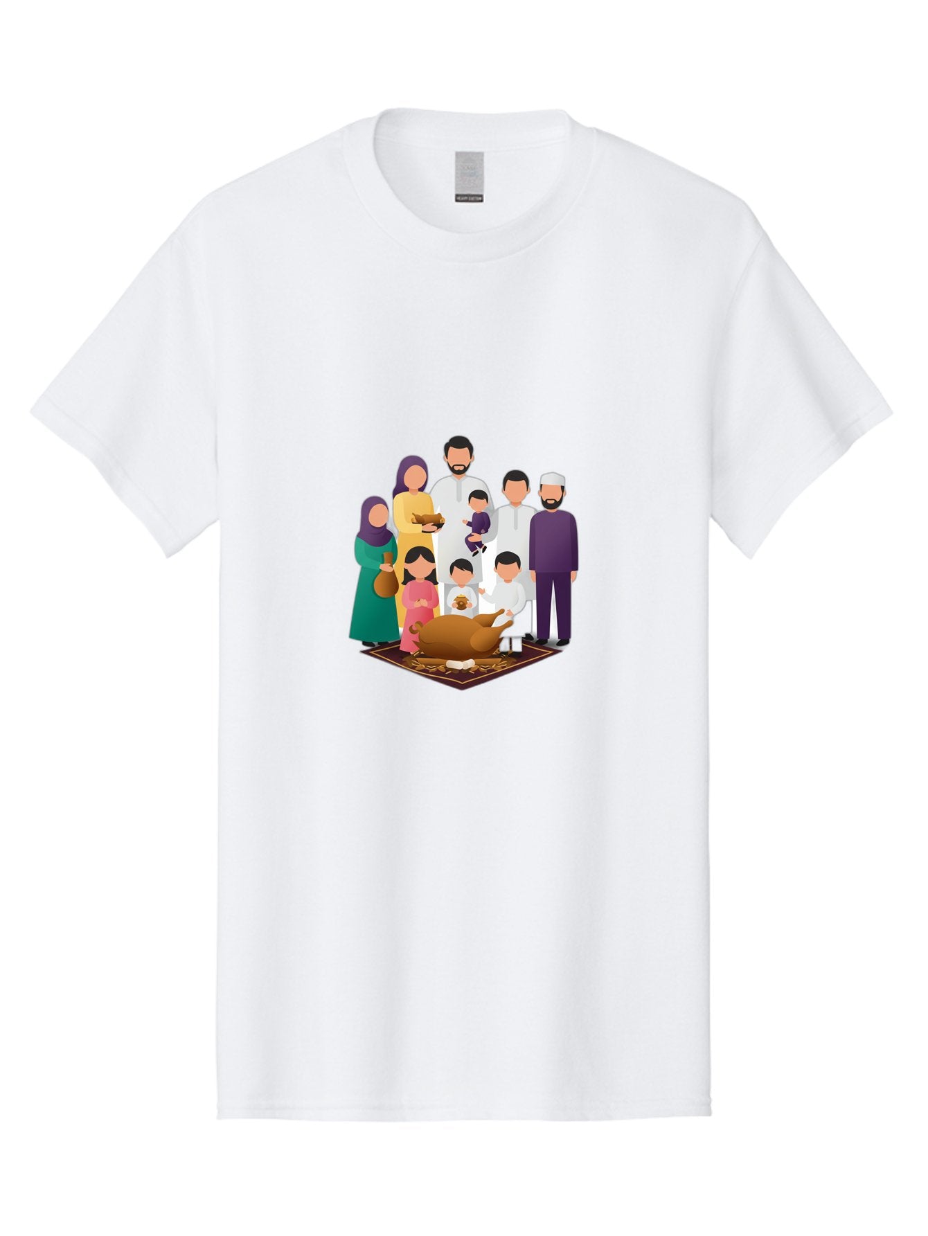 Family-Gathering-Around-Roasted-Lamb Men'S Graphic Tee, 100% Cotton, Comfortable Casual Summer Wear, Machine Washable, Family Gathering, Islamic Celebration, Eid Al-Adha, Traditional Clothing, Sacrificial Lamb, Joyful Moments, Family Bonding, Bad083 3