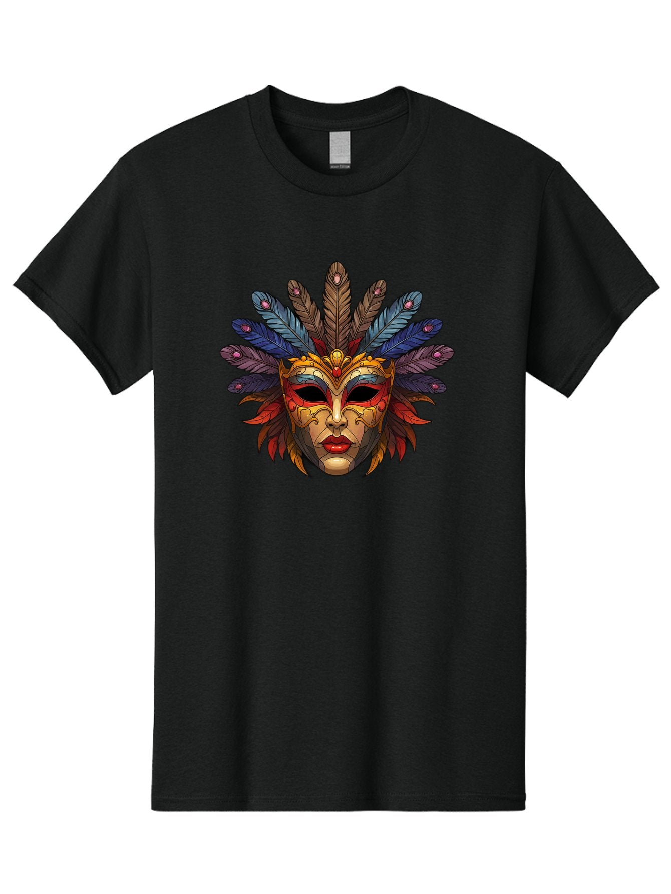 Feathered-Mask Men'S Graphic Tee, 100% Cotton, Comfortable Casual Summer Wear, Machine Washable, Tribal Mask, Feather Headdress, Colorful Design, Red Lips, Black Eyes, Bold Patterns, Vibrant Colors, Cultural Heritage, Traditional Art Bad084 13