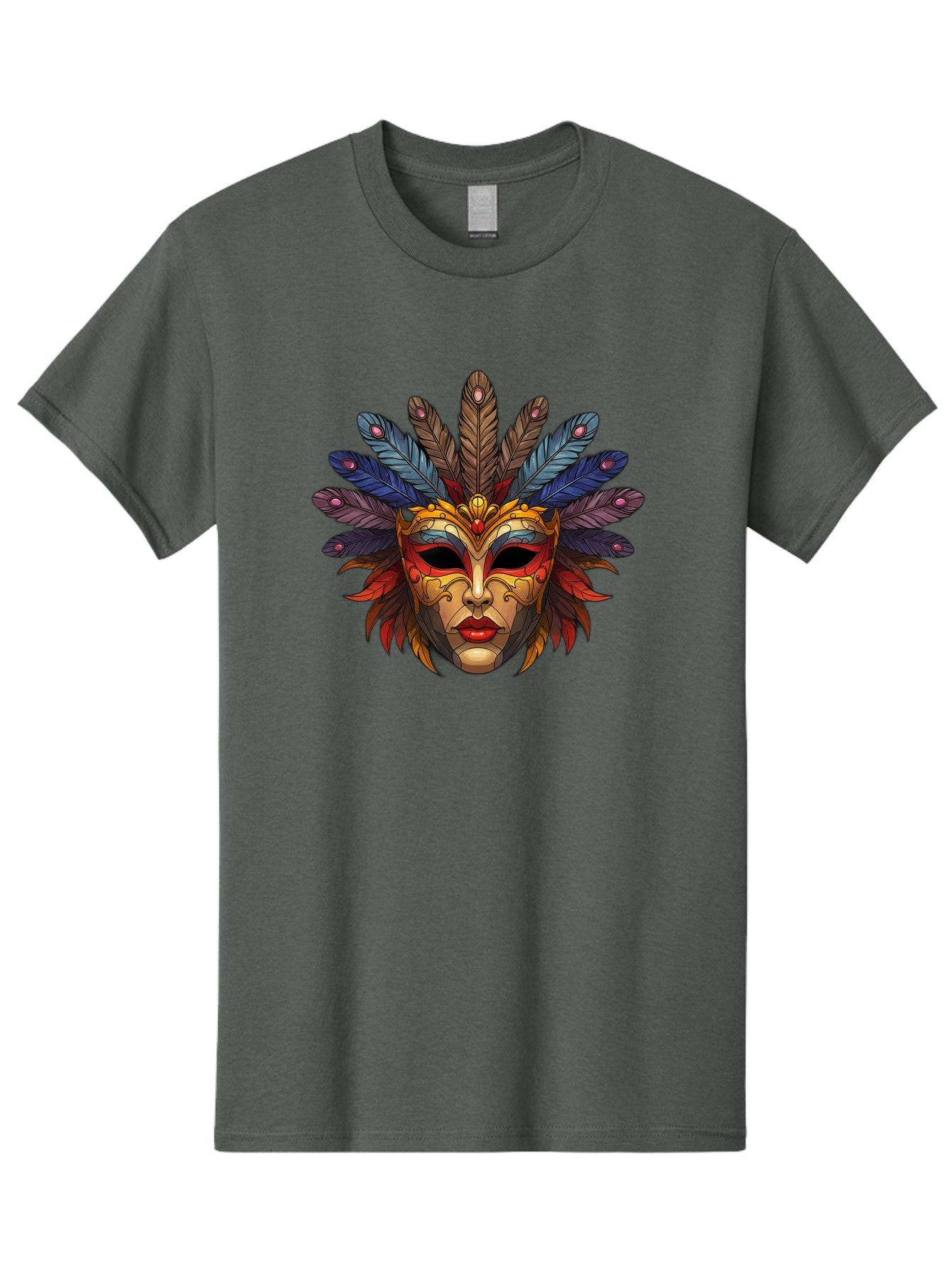 Feathered-Mask Men'S Graphic Tee, 100% Cotton, Comfortable Casual Summer Wear, Machine Washable, Tribal Mask, Feather Headdress, Colorful Design, Red Lips, Black Eyes, Bold Patterns, Vibrant Colors, Cultural Heritage, Traditional Art Bad084 4