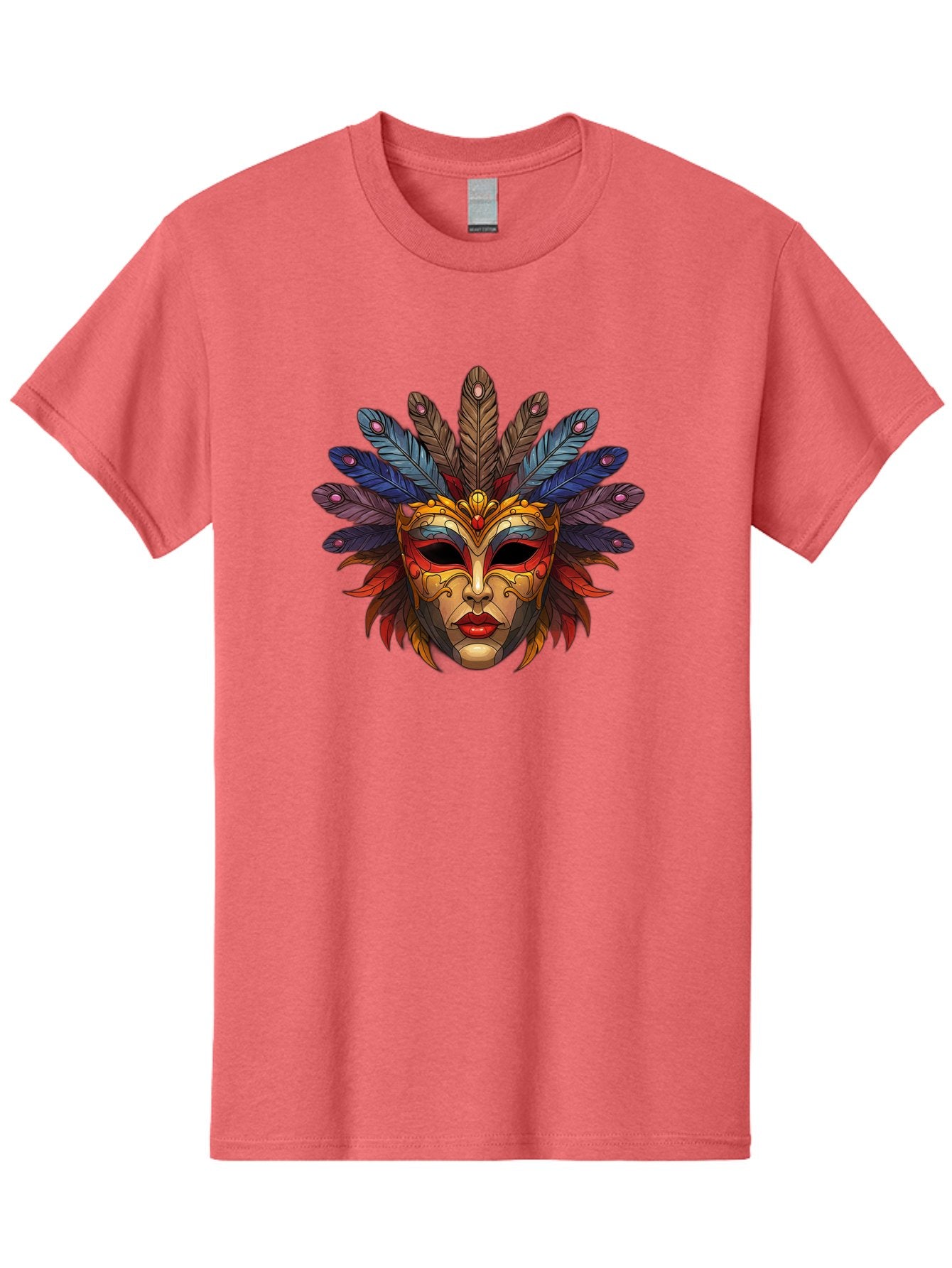Feathered-Mask Men'S Graphic Tee, 100% Cotton, Comfortable Casual Summer Wear, Machine Washable, Tribal Mask, Feather Headdress, Colorful Design, Red Lips, Black Eyes, Bold Patterns, Vibrant Colors, Cultural Heritage, Traditional Art Bad084 14