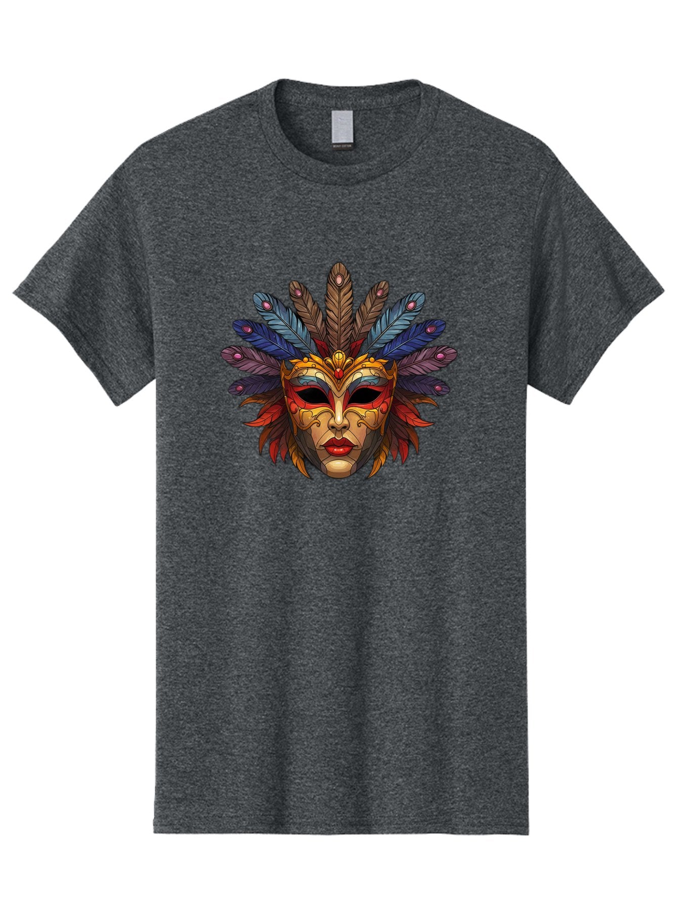Feathered-Mask Men'S Graphic Tee, 100% Cotton, Comfortable Casual Summer Wear, Machine Washable, Tribal Mask, Feather Headdress, Colorful Design, Red Lips, Black Eyes, Bold Patterns, Vibrant Colors, Cultural Heritage, Traditional Art Bad084 6