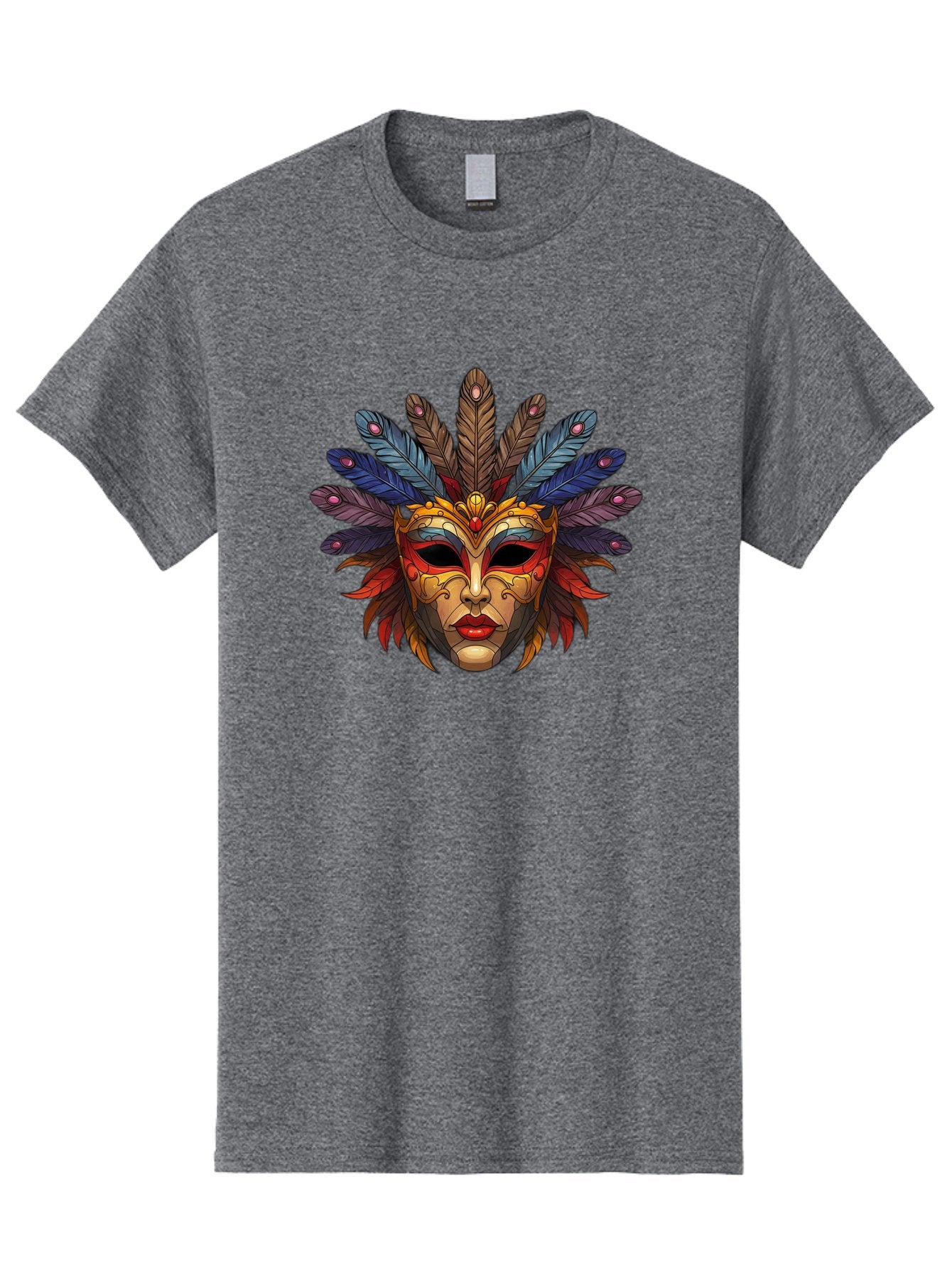 Feathered-Mask Men'S Graphic Tee, 100% Cotton, Comfortable Casual Summer Wear, Machine Washable, Tribal Mask, Feather Headdress, Colorful Design, Red Lips, Black Eyes, Bold Patterns, Vibrant Colors, Cultural Heritage, Traditional Art Bad084 11