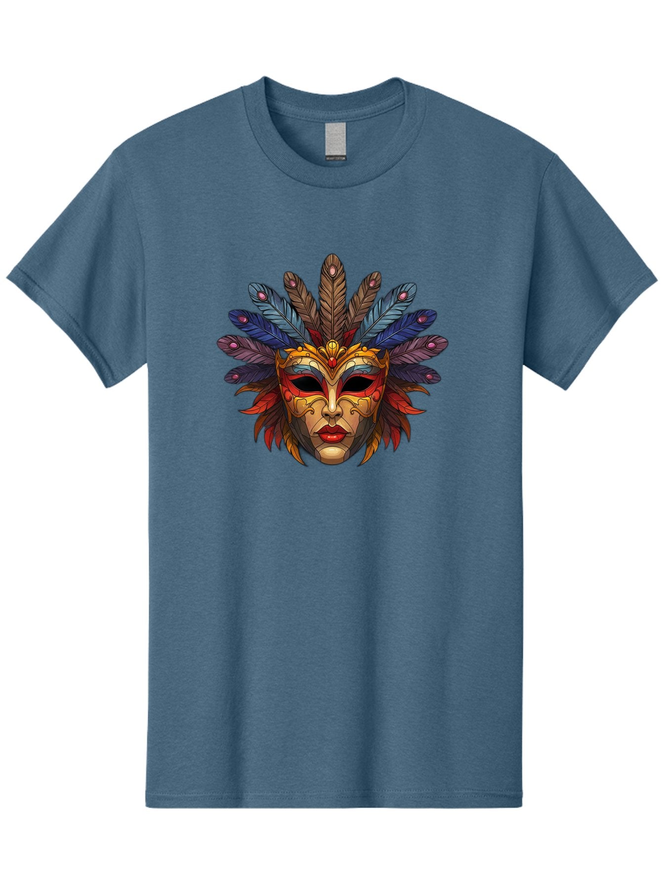 Feathered-Mask Men'S Graphic Tee, 100% Cotton, Comfortable Casual Summer Wear, Machine Washable, Tribal Mask, Feather Headdress, Colorful Design, Red Lips, Black Eyes, Bold Patterns, Vibrant Colors, Cultural Heritage, Traditional Art Bad084 8