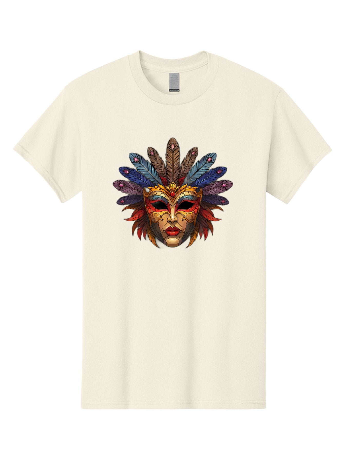 Feathered-Mask Men'S Graphic Tee, 100% Cotton, Comfortable Casual Summer Wear, Machine Washable, Tribal Mask, Feather Headdress, Colorful Design, Red Lips, Black Eyes, Bold Patterns, Vibrant Colors, Cultural Heritage, Traditional Art Bad084 10