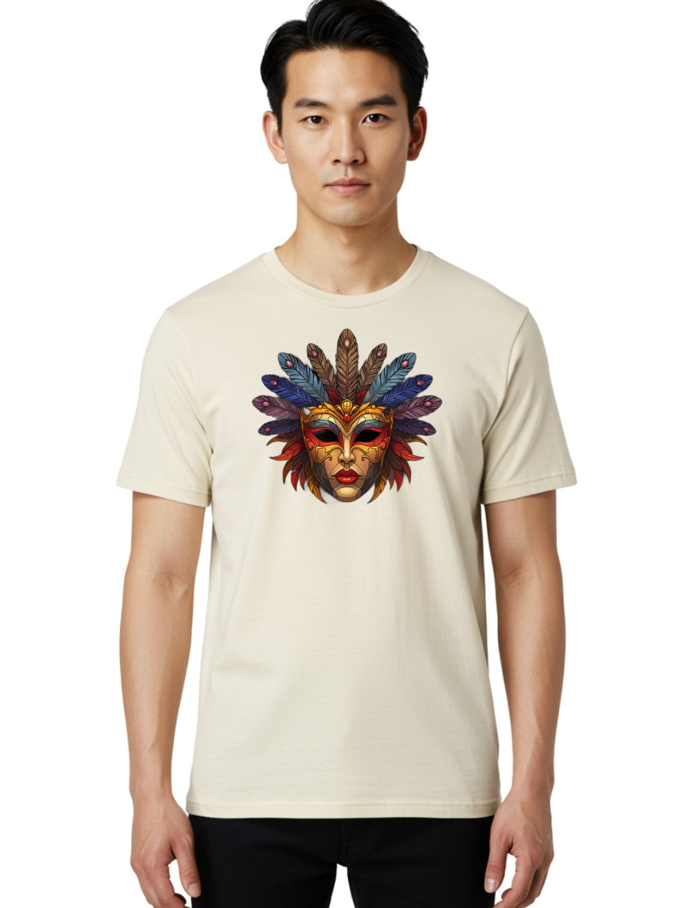 Feathered-Mask Men'S Graphic Tee, 100% Cotton, Comfortable Casual Summer Wear, Machine Washable, Tribal Mask, Feather Headdress, Colorful Design, Red Lips, Black Eyes, Bold Patterns, Vibrant Colors, Cultural Heritage, Traditional Art Bad084 17
