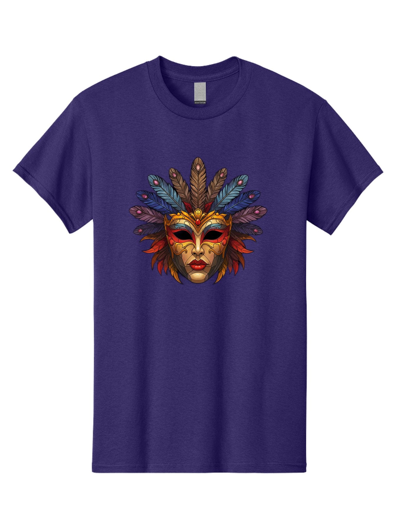 Feathered-Mask Men'S Graphic Tee, 100% Cotton, Comfortable Casual Summer Wear, Machine Washable, Tribal Mask, Feather Headdress, Colorful Design, Red Lips, Black Eyes, Bold Patterns, Vibrant Colors, Cultural Heritage, Traditional Art Bad084
