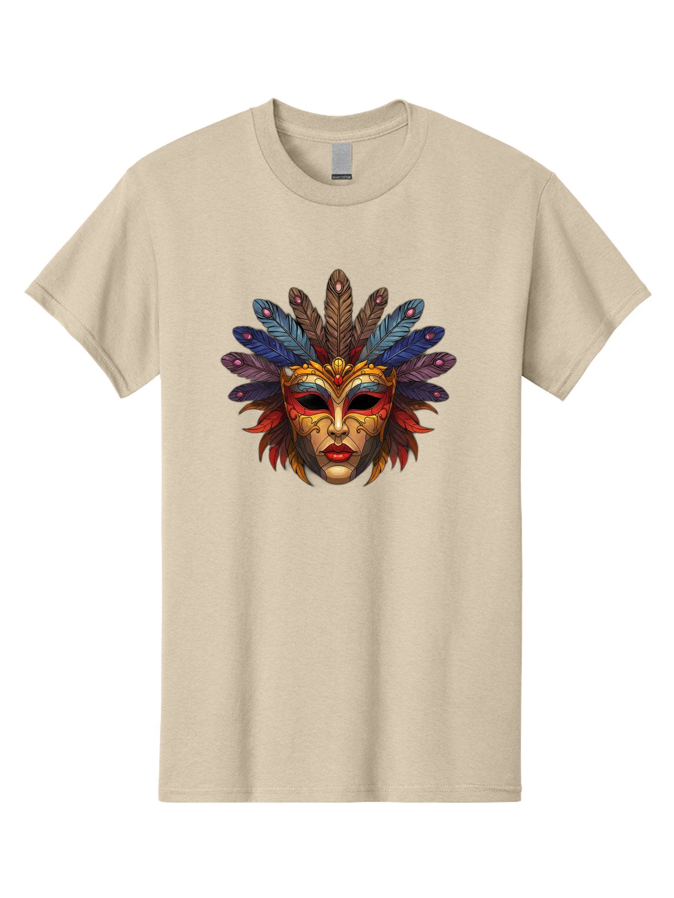 Feathered-Mask Men'S Graphic Tee, 100% Cotton, Comfortable Casual Summer Wear, Machine Washable, Tribal Mask, Feather Headdress, Colorful Design, Red Lips, Black Eyes, Bold Patterns, Vibrant Colors, Cultural Heritage, Traditional Art Bad084 5