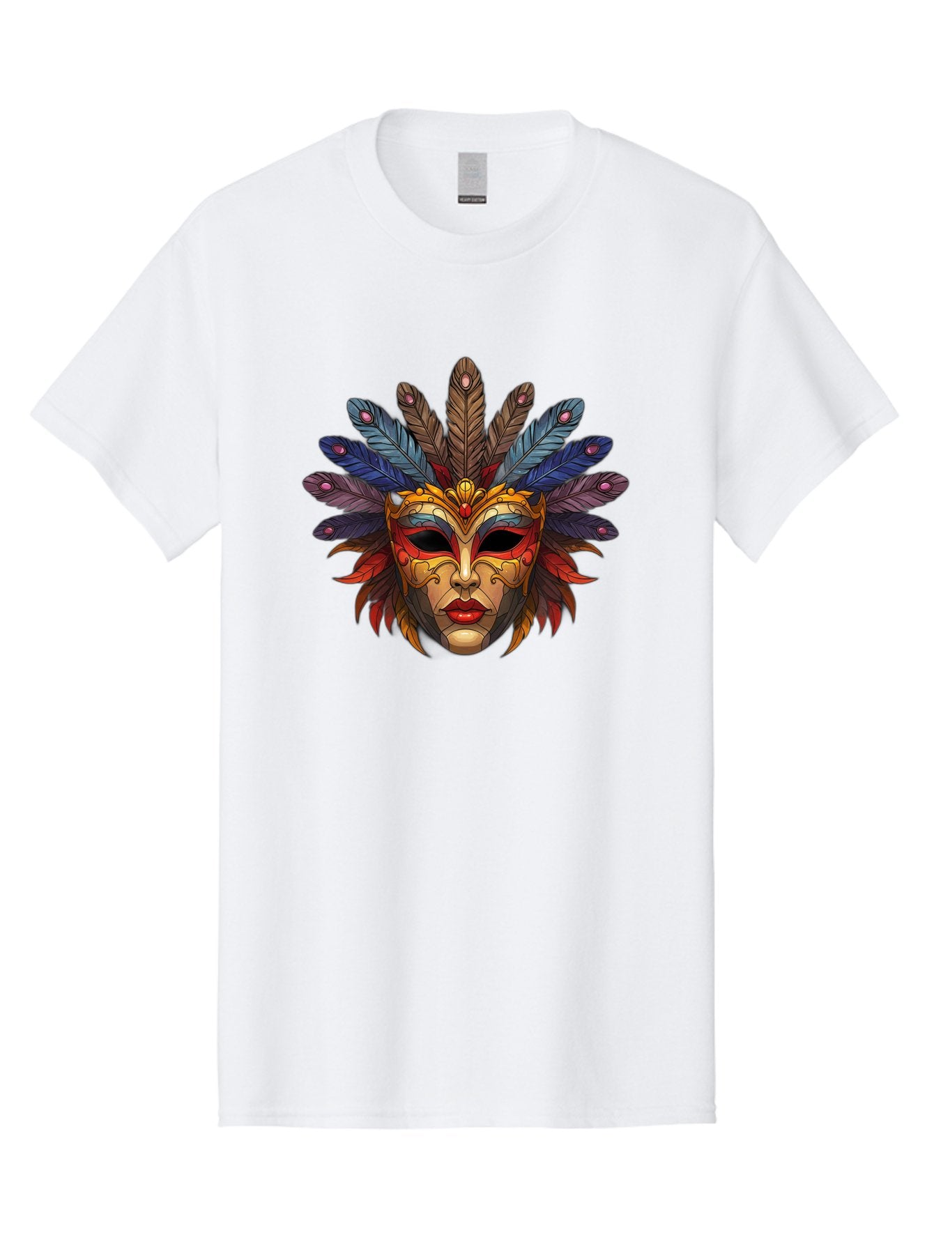 Feathered-Mask Men'S Graphic Tee, 100% Cotton, Comfortable Casual Summer Wear, Machine Washable, Tribal Mask, Feather Headdress, Colorful Design, Red Lips, Black Eyes, Bold Patterns, Vibrant Colors, Cultural Heritage, Traditional Art Bad084 3