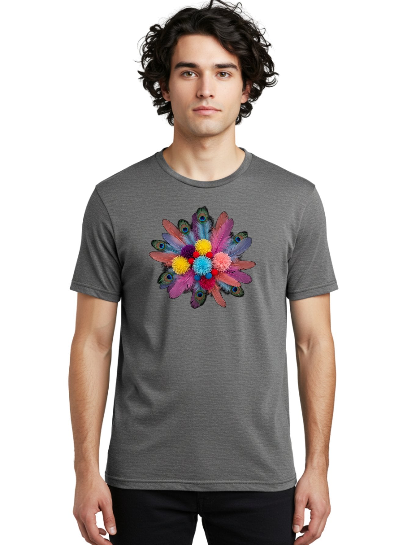 Feathers-And-Pom-Poms Men'S Graphic Tee, 100% Cotton, Comfortable Casual Summer Wear, Machine Washable, Peacock Feathers, Colorful Feathers, Decorative Arrangement, Fluffy Pompoms, Vibrant Colors, Creative Decor, Festive Atmosphere, Bad085 21