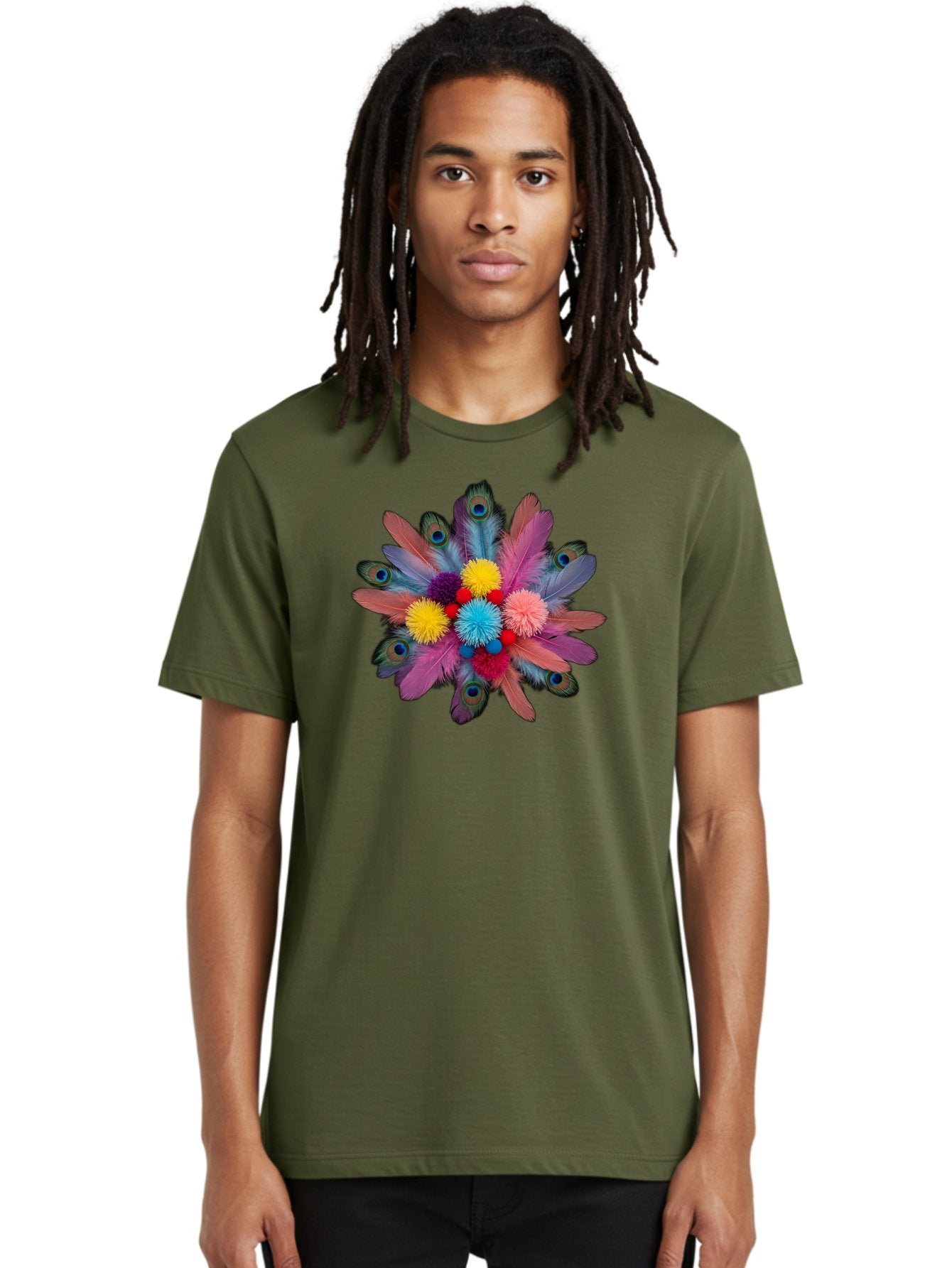 Feathers-And-Pom-Poms Men'S Graphic Tee, 100% Cotton, Comfortable Casual Summer Wear, Machine Washable, Peacock Feathers, Colorful Feathers, Decorative Arrangement, Fluffy Pompoms, Vibrant Colors, Creative Decor, Festive Atmosphere, Bad085 20