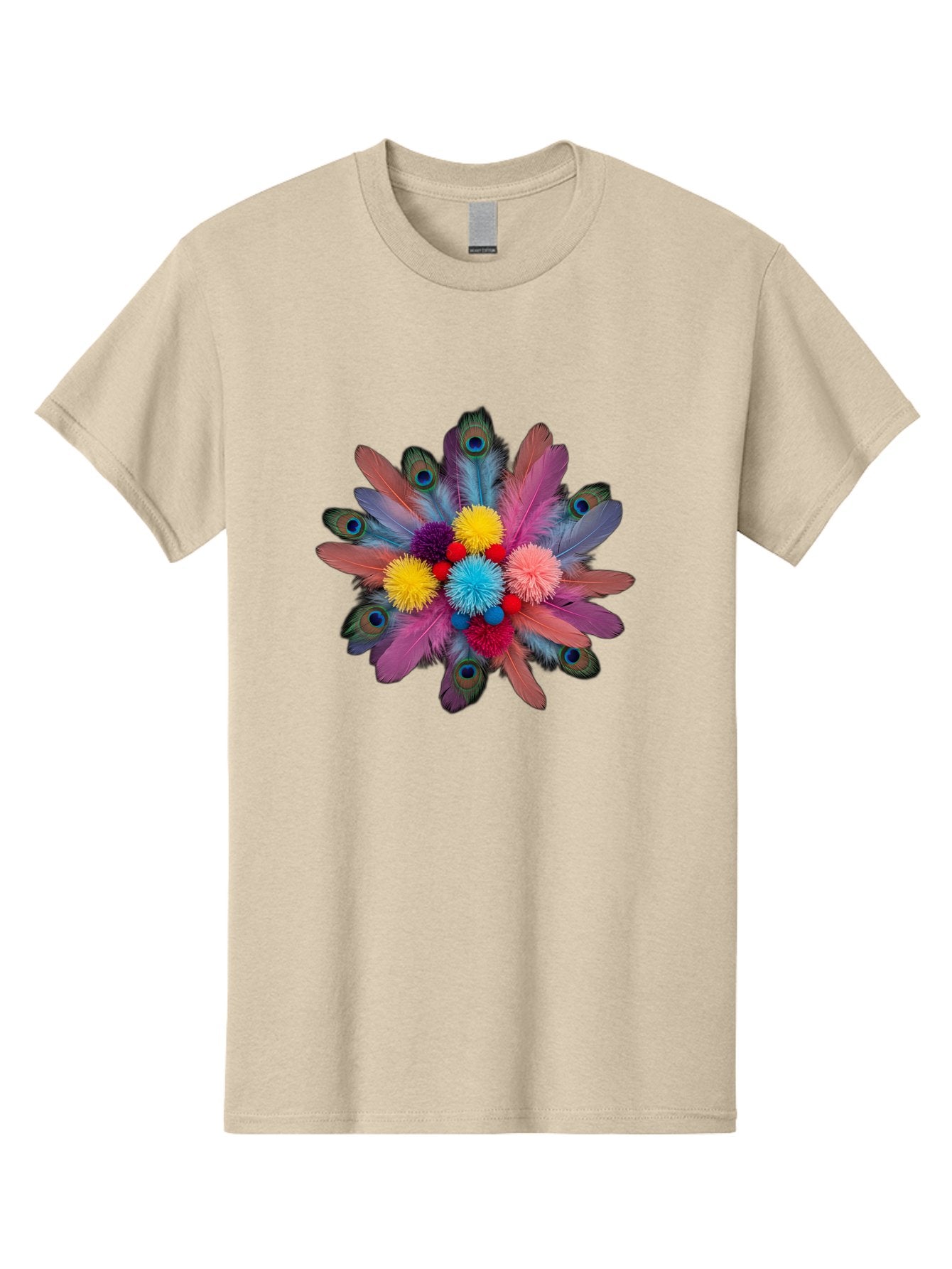 Feathers-And-Pom-Poms Men'S Graphic Tee, 100% Cotton, Comfortable Casual Summer Wear, Machine Washable, Peacock Feathers, Colorful Feathers, Decorative Arrangement, Fluffy Pompoms, Vibrant Colors, Creative Decor, Festive Atmosphere, Bad085 14