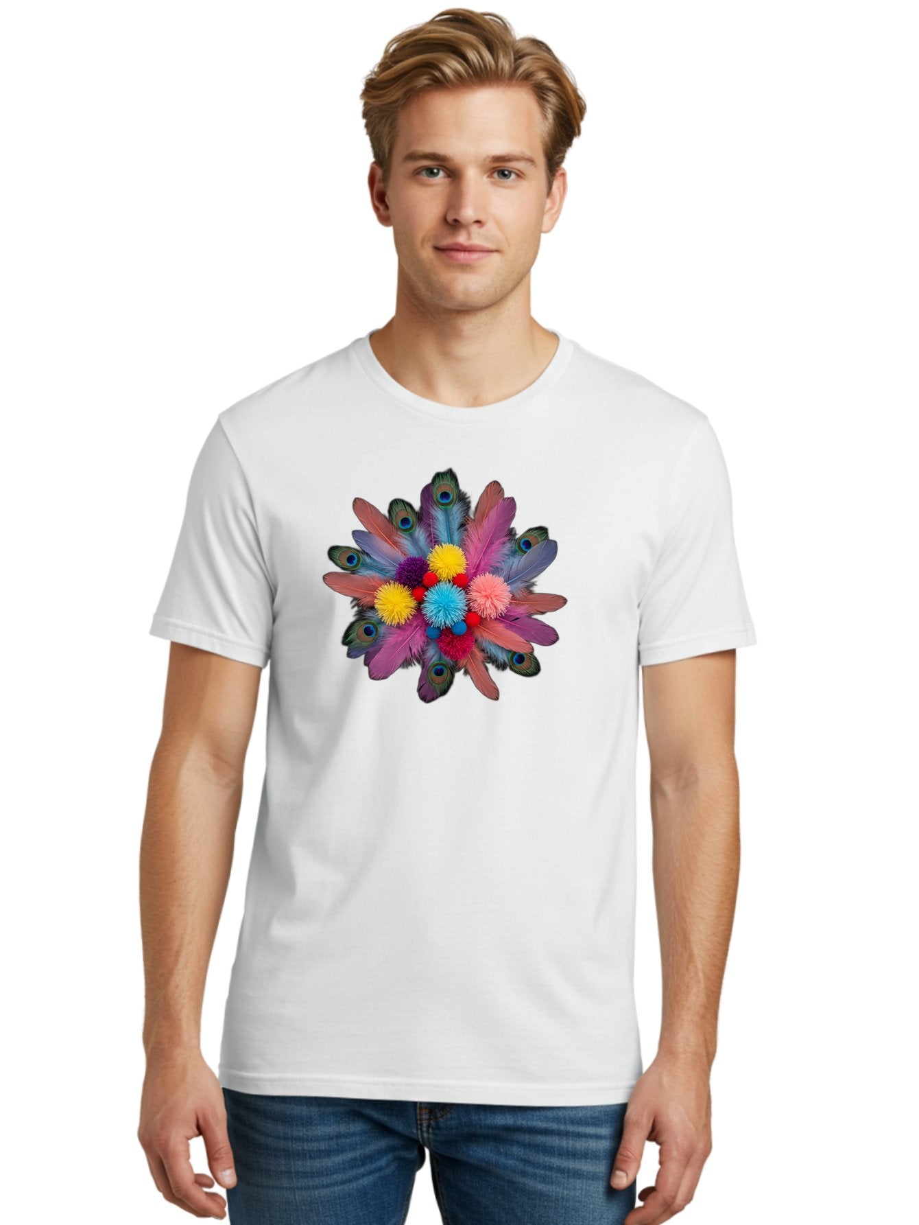 Feathers-And-Pom-Poms Men'S Graphic Tee, 100% Cotton, Comfortable Casual Summer Wear, Machine Washable, Peacock Feathers, Colorful Feathers, Decorative Arrangement, Fluffy Pompoms, Vibrant Colors, Creative Decor, Festive Atmosphere, Bad085 23