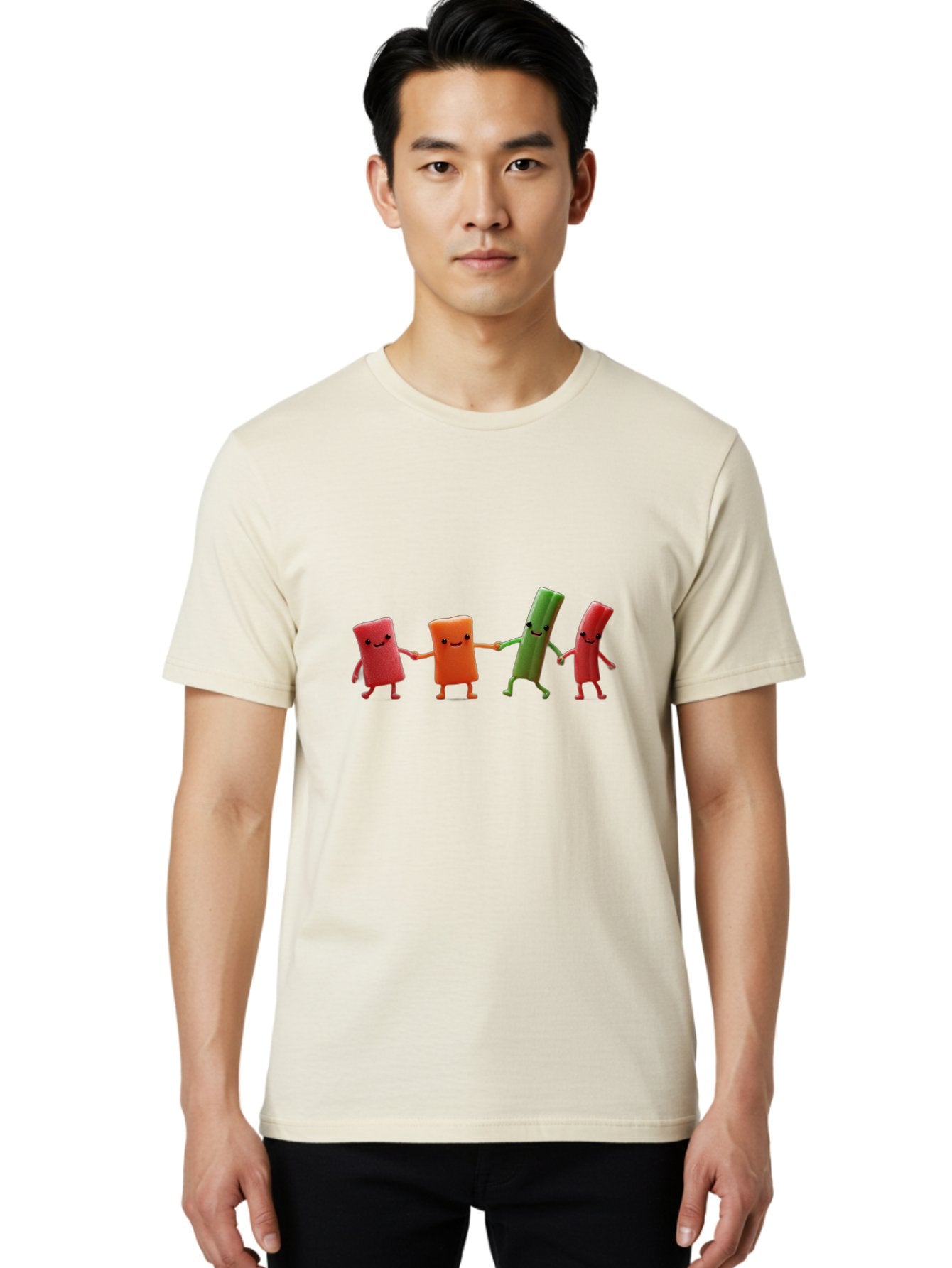 Felt-Characters-Holding-Hands Men'S Graphic Tee, 100% Cotton, Comfortable Casual Summer Wear, Machine Washable, Anthropomorphic Vegetables, Happy Faces, Holding Hands, Anthropomorphic Characters, Vegetables With Arms And Legs, Bad086 16