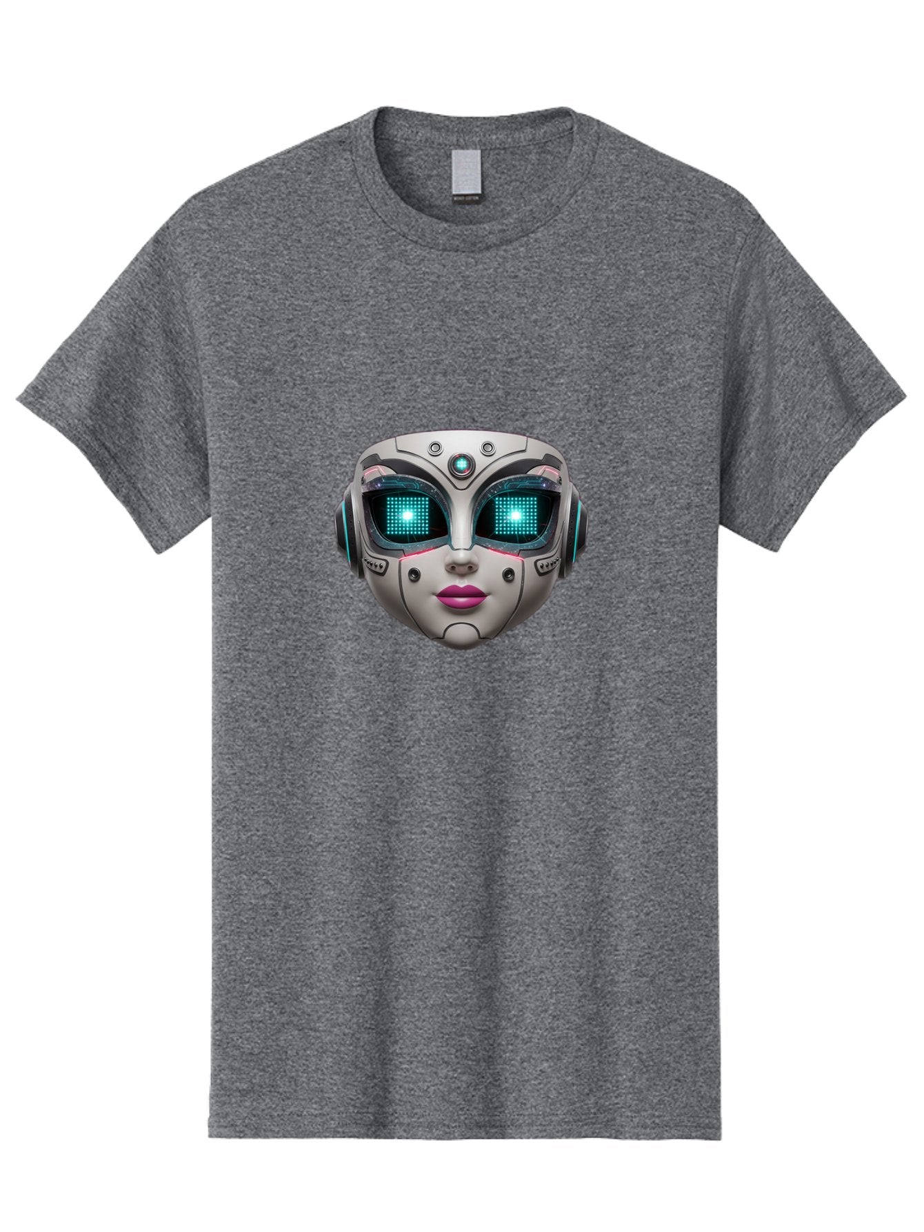 Female-Robot-Head Men'S Graphic Tee, 100% Cotton, Comfortable Casual Summer Wear, Machine Washable, Robotic Face, Futuristic Design, Glowing Blue Eyes, Metallic Sheen, Tech-Savvy, Artificial Intelligence, Cybernetic Enhancements, Bad087 3