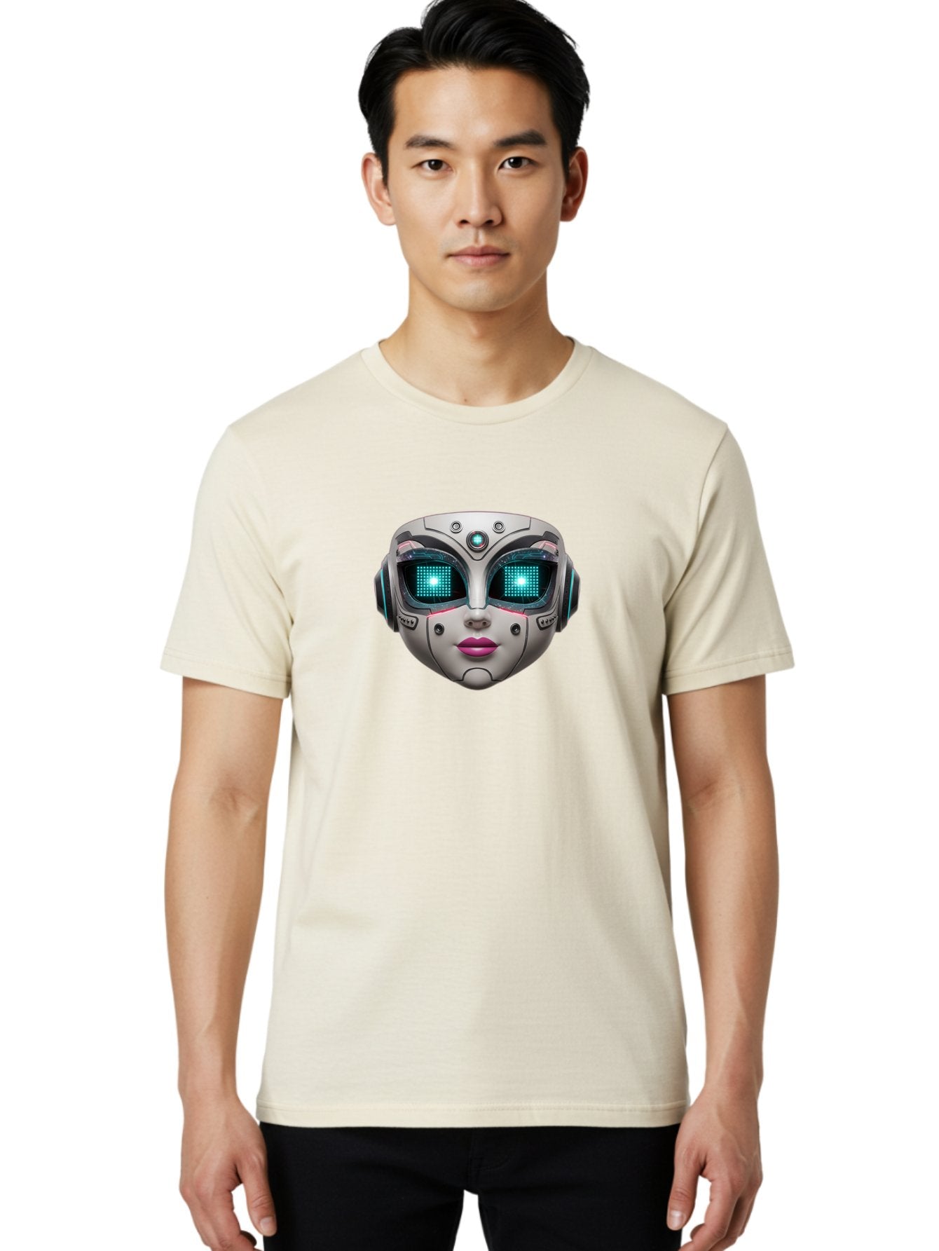 Female-Robot-Head Men'S Graphic Tee, 100% Cotton, Comfortable Casual Summer Wear, Machine Washable, Robotic Face, Futuristic Design, Glowing Blue Eyes, Metallic Sheen, Tech-Savvy, Artificial Intelligence, Cybernetic Enhancements, Bad087 23