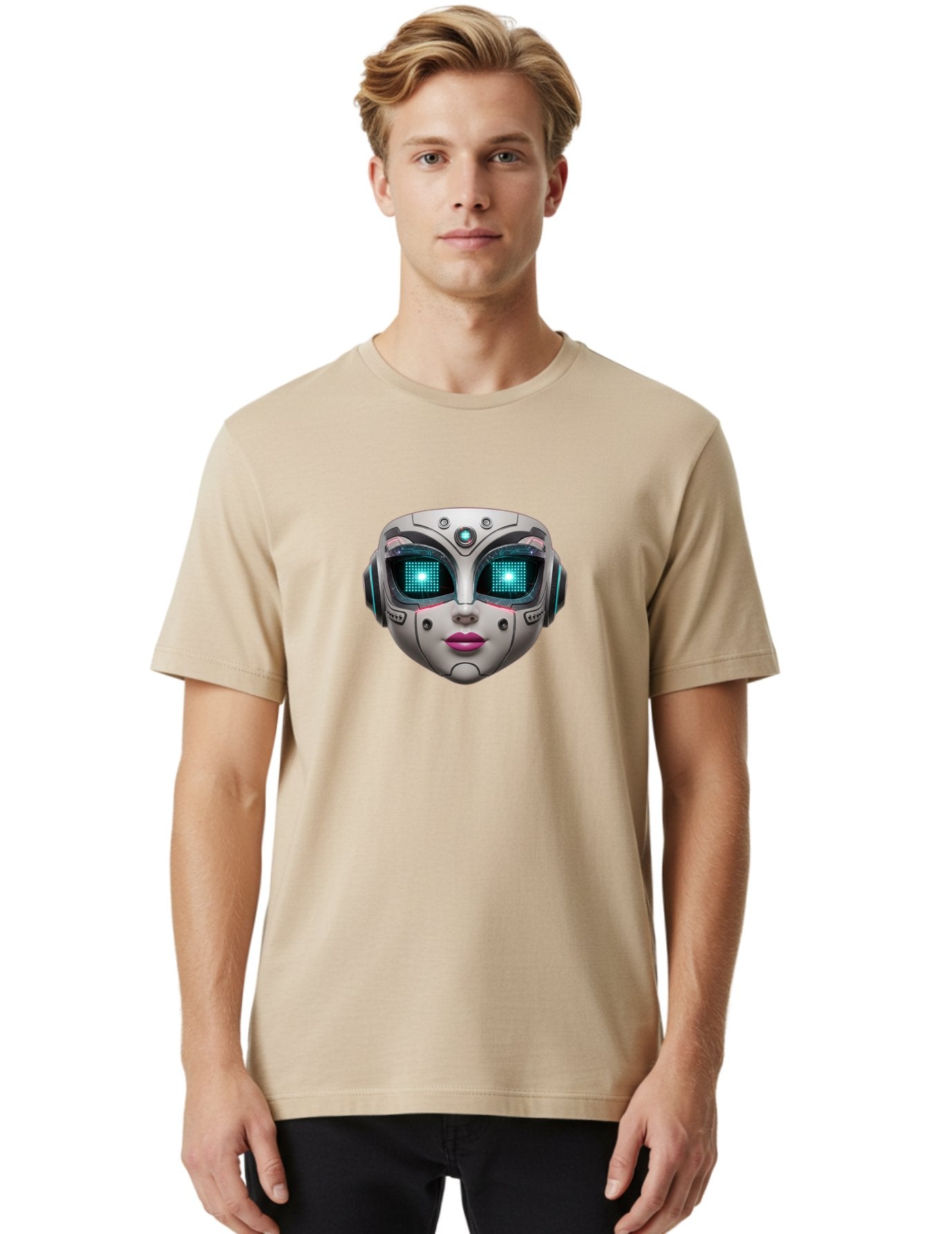 Female-Robot-Head Men'S Graphic Tee, 100% Cotton, Comfortable Casual Summer Wear, Machine Washable, Robotic Face, Futuristic Design, Glowing Blue Eyes, Metallic Sheen, Tech-Savvy, Artificial Intelligence, Cybernetic Enhancements, Bad087 19
