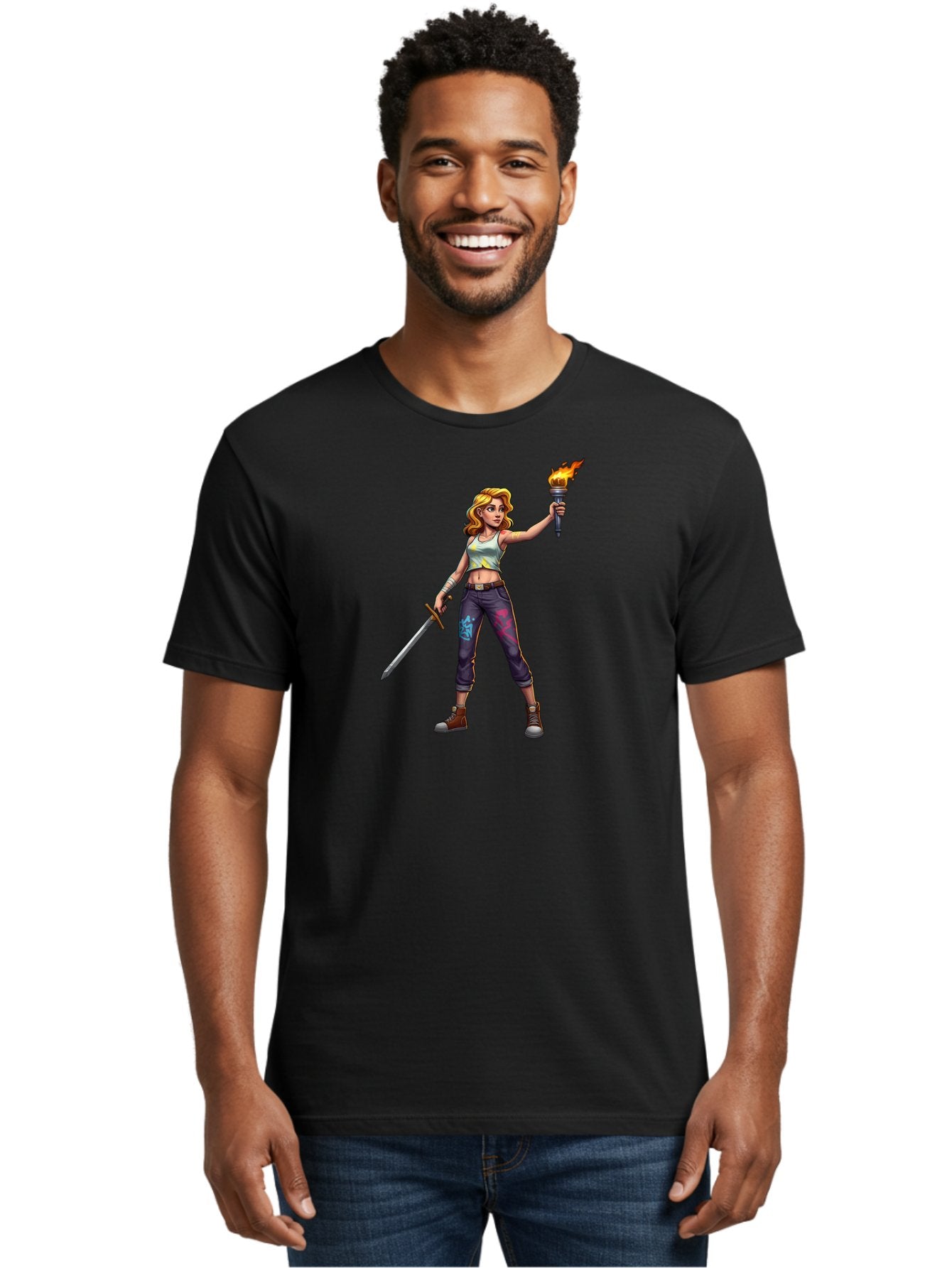 Female-Warrior Men'S Graphic Tee, 100% Cotton, Comfortable Casual Summer Wear, Machine Washable, Female Warrior, Sword And Torch, Strong Woman, Fierce Fighter, Blonde Hair, White Tank Top, Graffiti Pants, Combat Boots, Powerful Pose, Bad088 17