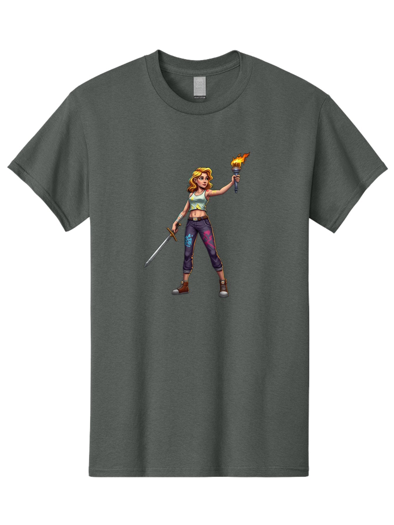Female-Warrior Men'S Graphic Tee, 100% Cotton, Comfortable Casual Summer Wear, Machine Washable, Female Warrior, Sword And Torch, Strong Woman, Fierce Fighter, Blonde Hair, White Tank Top, Graffiti Pants, Combat Boots, Powerful Pose, Bad088 4