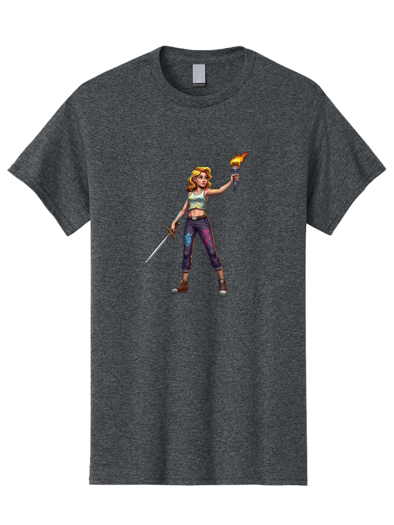 Female-Warrior Men'S Graphic Tee, 100% Cotton, Comfortable Casual Summer Wear, Machine Washable, Female Warrior, Sword And Torch, Strong Woman, Fierce Fighter, Blonde Hair, White Tank Top, Graffiti Pants, Combat Boots, Powerful Pose, Bad088 15