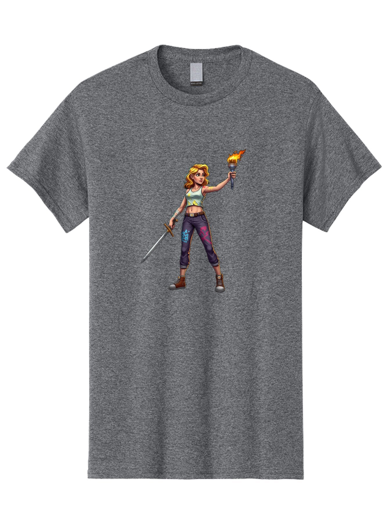Female-Warrior Men'S Graphic Tee, 100% Cotton, Comfortable Casual Summer Wear, Machine Washable, Female Warrior, Sword And Torch, Strong Woman, Fierce Fighter, Blonde Hair, White Tank Top, Graffiti Pants, Combat Boots, Powerful Pose, Bad088 7