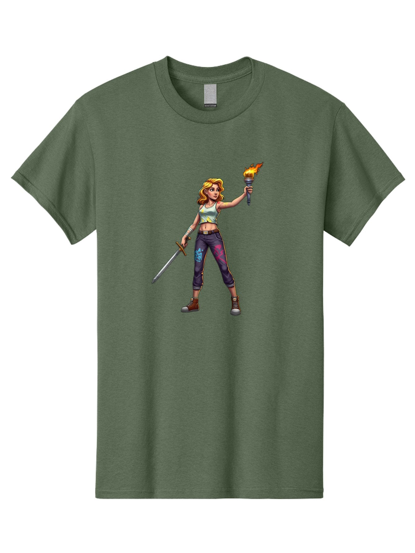 Female-Warrior Men'S Graphic Tee, 100% Cotton, Comfortable Casual Summer Wear, Machine Washable, Female Warrior, Sword And Torch, Strong Woman, Fierce Fighter, Blonde Hair, White Tank Top, Graffiti Pants, Combat Boots, Powerful Pose, Bad088