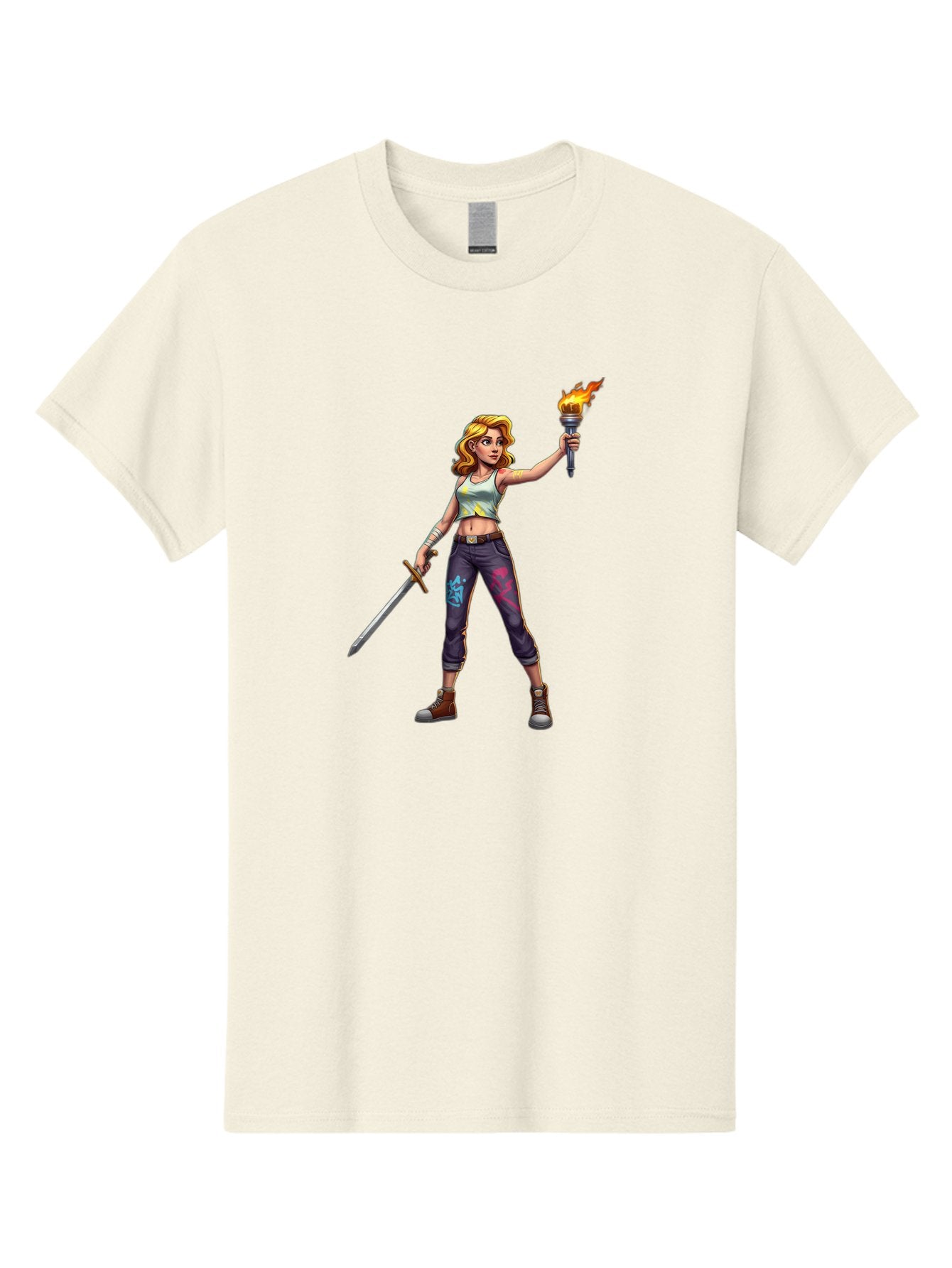 Female-Warrior Men'S Graphic Tee, 100% Cotton, Comfortable Casual Summer Wear, Machine Washable, Female Warrior, Sword And Torch, Strong Woman, Fierce Fighter, Blonde Hair, White Tank Top, Graffiti Pants, Combat Boots, Powerful Pose, Bad088 13