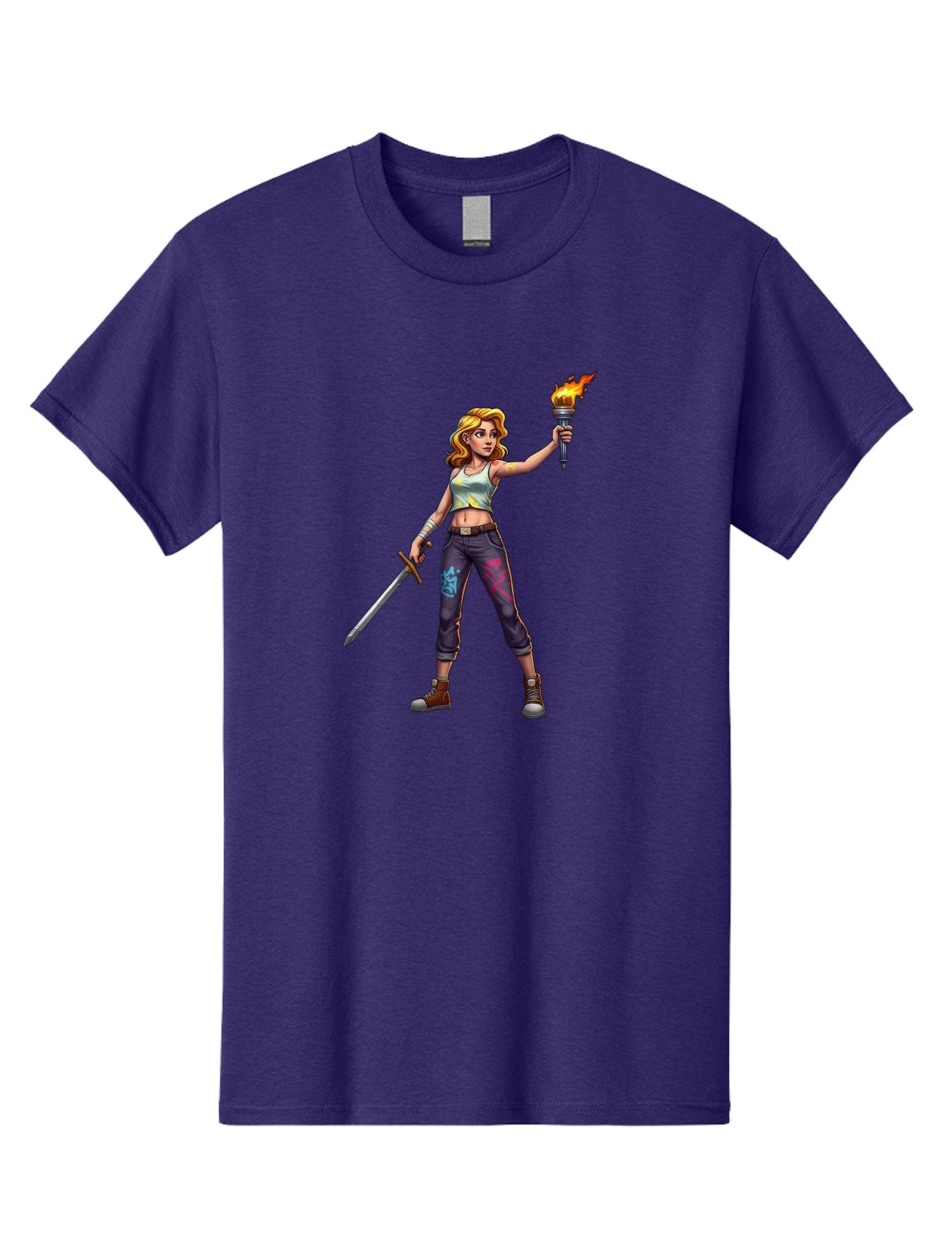 Female-Warrior Men'S Graphic Tee, 100% Cotton, Comfortable Casual Summer Wear, Machine Washable, Female Warrior, Sword And Torch, Strong Woman, Fierce Fighter, Blonde Hair, White Tank Top, Graffiti Pants, Combat Boots, Powerful Pose, Bad088