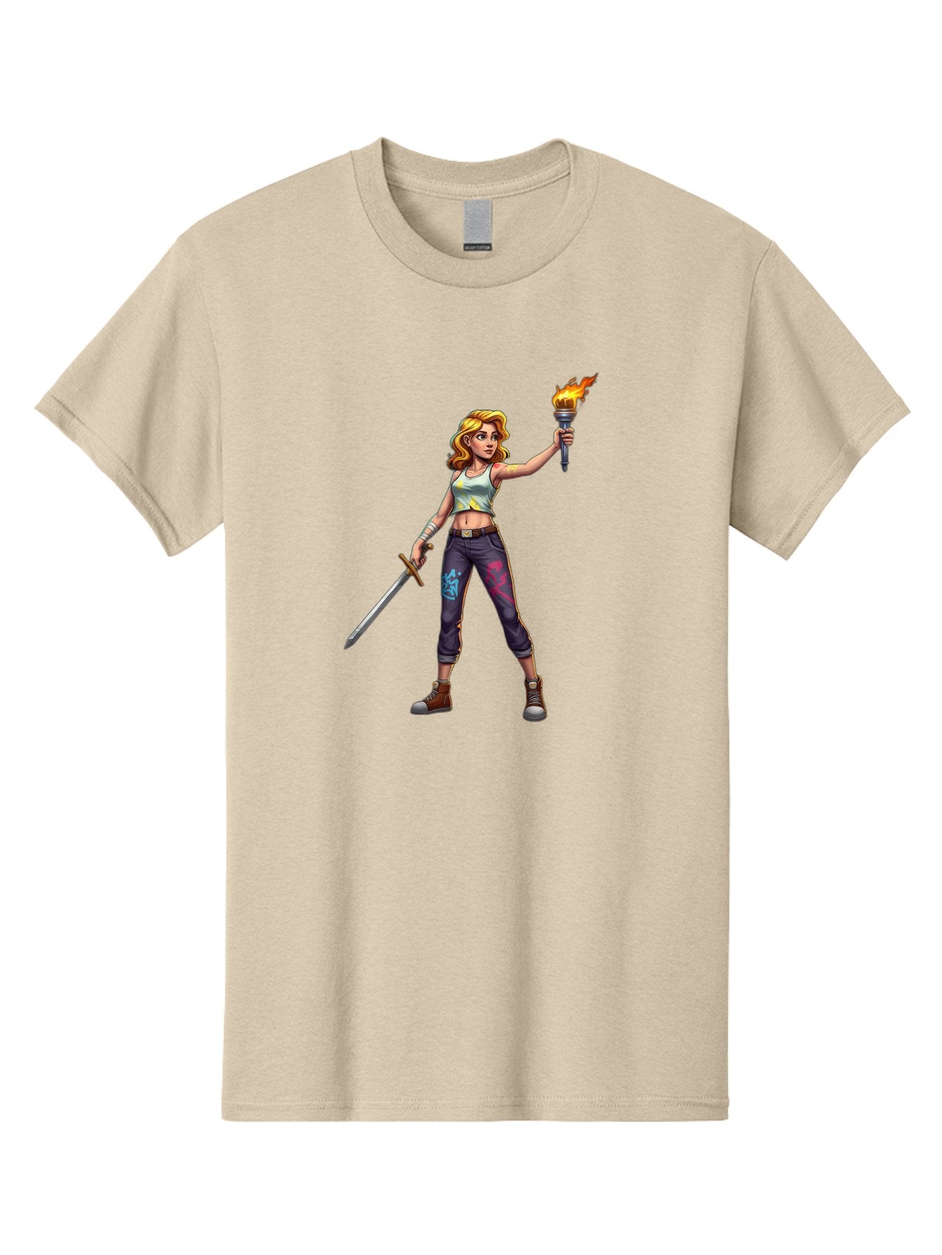 Female-Warrior Men'S Graphic Tee, 100% Cotton, Comfortable Casual Summer Wear, Machine Washable, Female Warrior, Sword And Torch, Strong Woman, Fierce Fighter, Blonde Hair, White Tank Top, Graffiti Pants, Combat Boots, Powerful Pose, Bad088 5