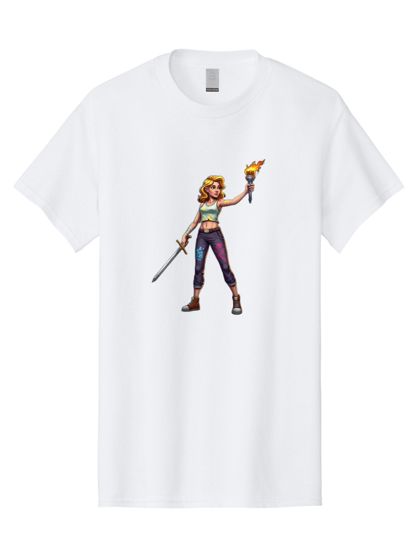 Female-Warrior Men'S Graphic Tee, 100% Cotton, Comfortable Casual Summer Wear, Machine Washable, Female Warrior, Sword And Torch, Strong Woman, Fierce Fighter, Blonde Hair, White Tank Top, Graffiti Pants, Combat Boots, Powerful Pose, Bad088 11