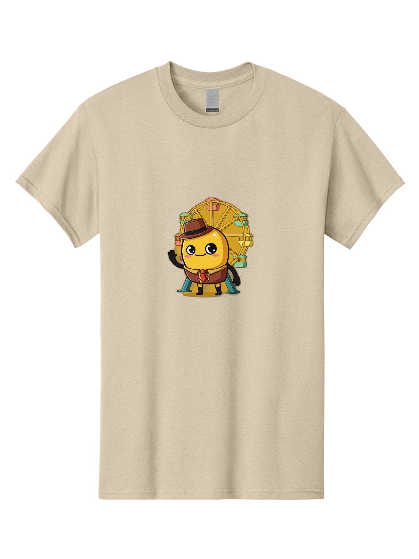 Ferris-Wheel-Potato Men'S Graphic Tee, 100% Cotton, Comfortable Casual Summer Wear, Machine Washable, Cartoon Emoji, Smiling Face, Waving Hand, Ferris Wheel, Carnival Theme, Amusement Park, Playful Character, Happy Expression, Bad089