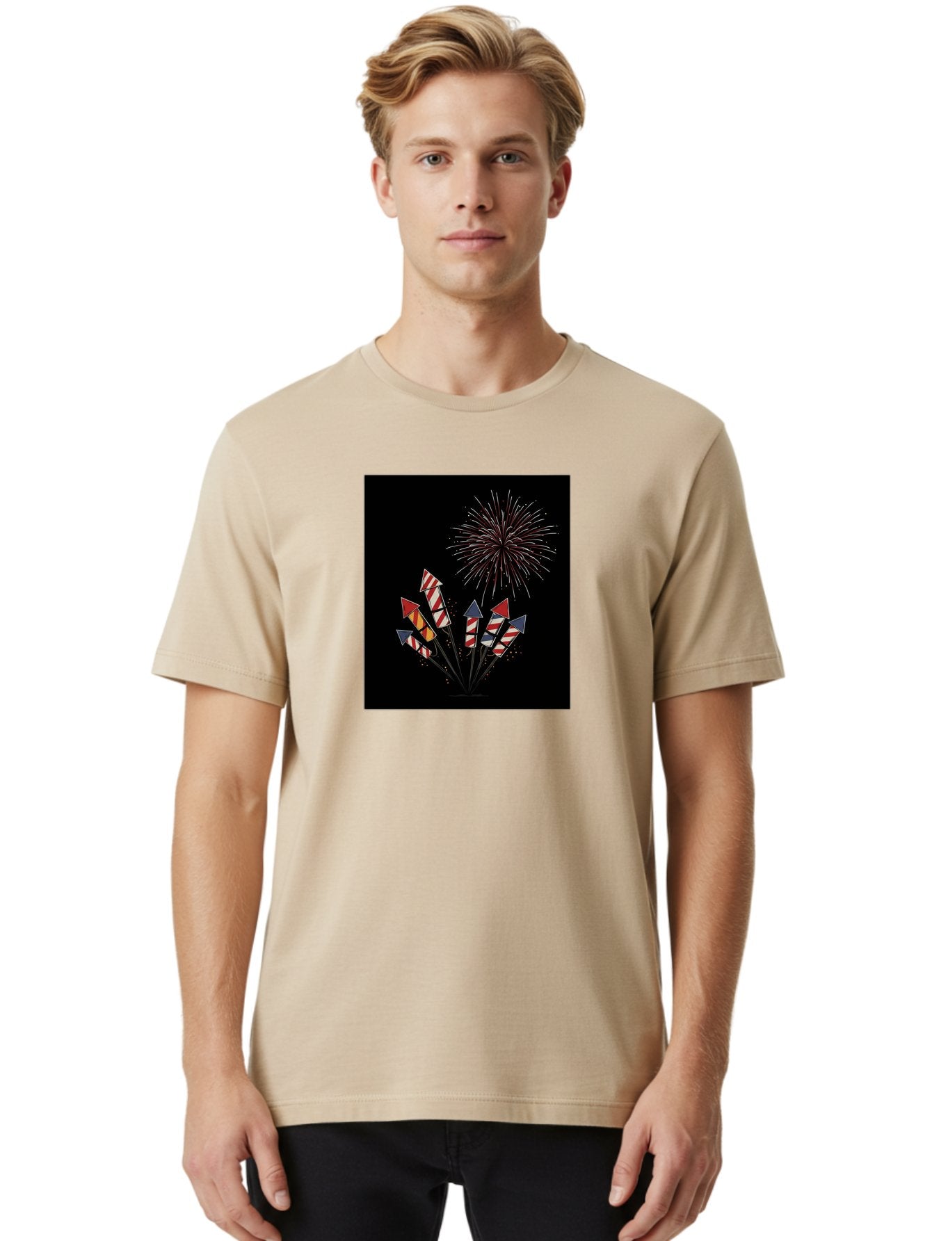Fireworks Men'S Graphic Tee, 100% Cotton, Comfortable Casual Summer Wear, Machine Washable, Fireworks Explosion, Red White And Blue Fireworks, Festive Celebration, Patriotic Theme, 4Th Of July, Independence Day, Festive Atmosphere, Bad094 27