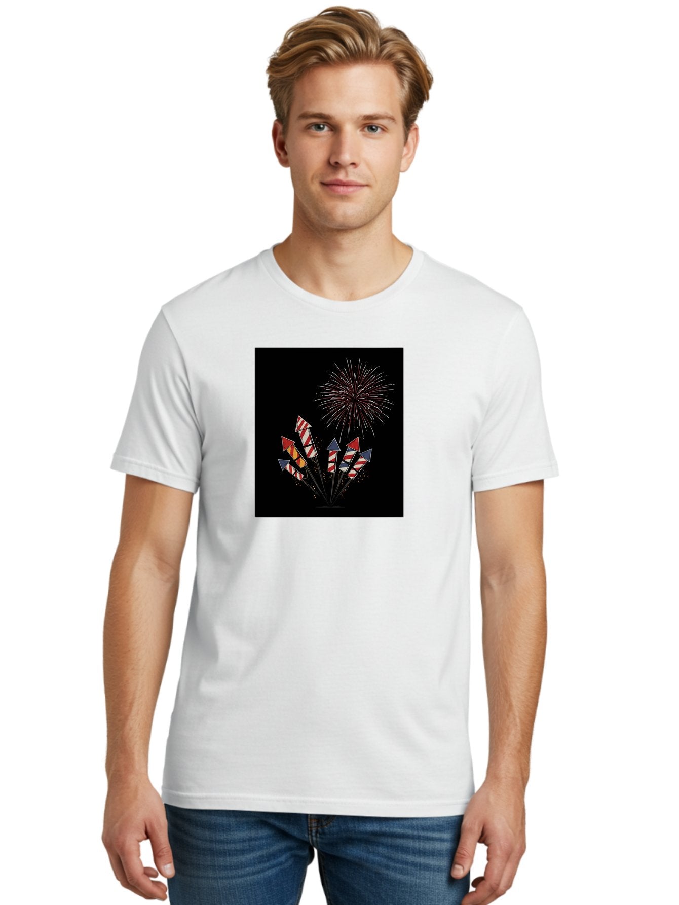 Fireworks Men'S Graphic Tee, 100% Cotton, Comfortable Casual Summer Wear, Machine Washable, Fireworks Explosion, Red White And Blue Fireworks, Festive Celebration, Patriotic Theme, 4Th Of July, Independence Day, Festive Atmosphere, Bad094 29
