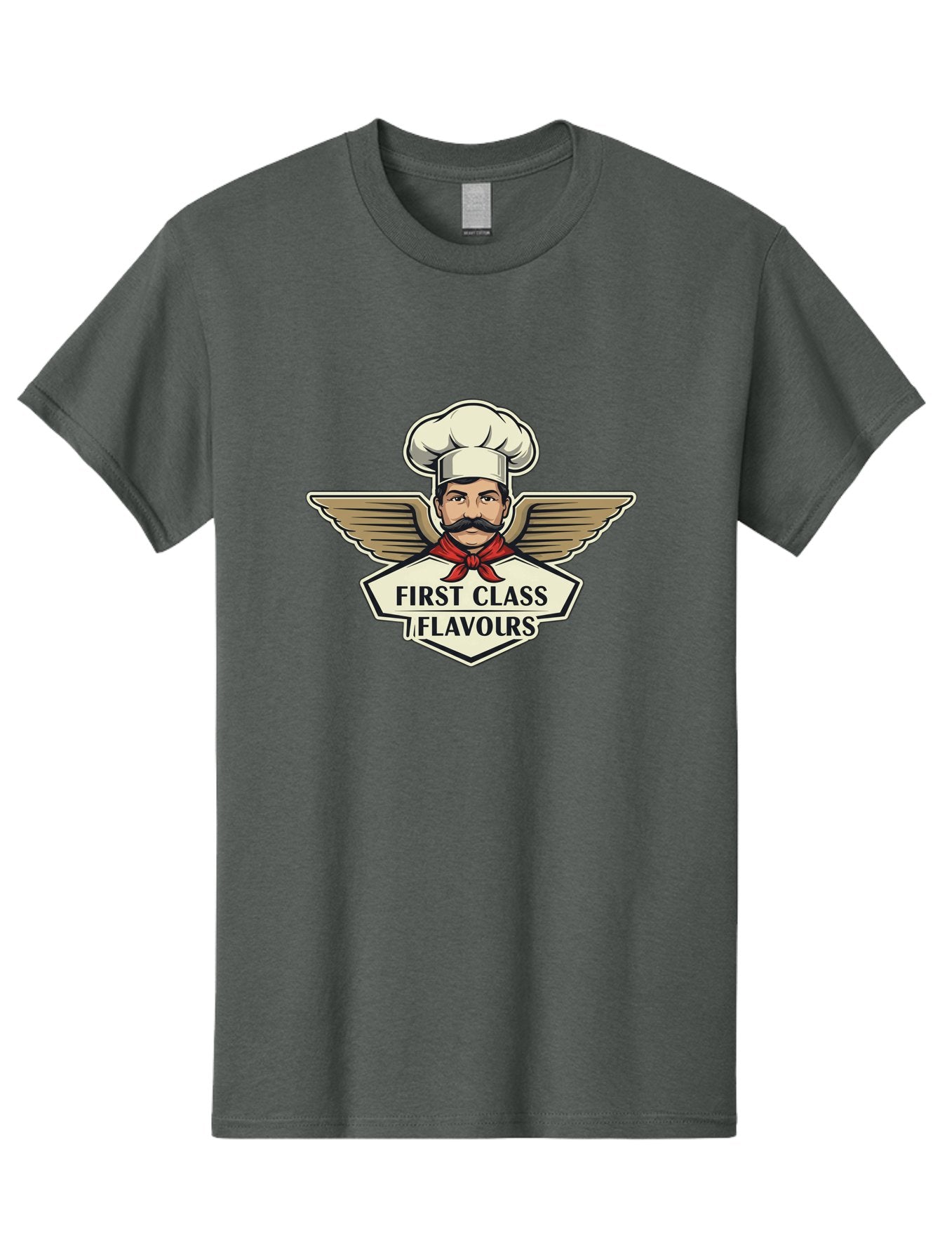 First-Class-Flavours Men'S Graphic Tee, 100% Cotton, Comfortable Casual Summer Wear, Machine Washable, Chef With Wings, Gourmet Cuisine, Fine Dining, Chef'S Hat, Red Neckerchief, Mustache, Luxurious Food, High-End Flavors, Culinary Excellence Bad095 13